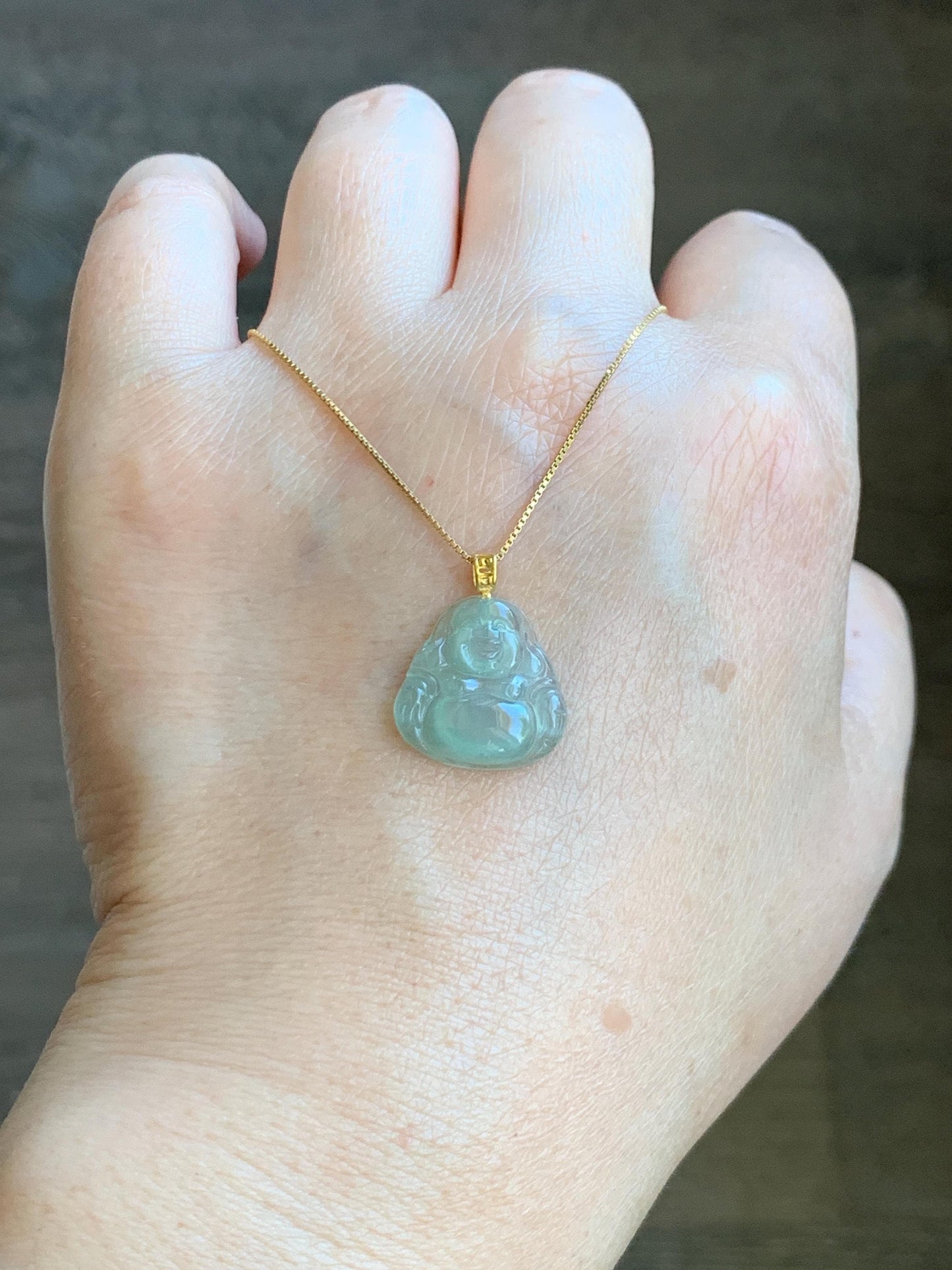 Natural Grade A Icy Highly Translucent Light Green Jade Jadeite Carved Buddha Petite Pendant 18K Yellow Gold 天然冰胶晴色翡翠小佛公镶嵌吊坠 MQF180A