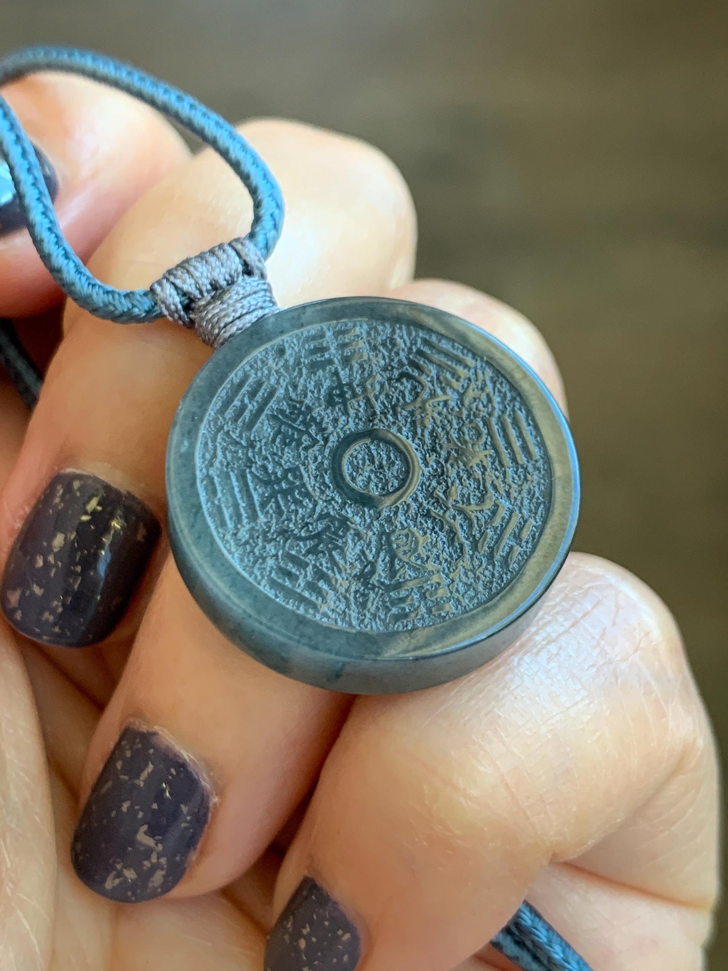 Natural Guatemalan Icy Translucent Wuji Jade Jadeite Mountain Ghost Eight Trigrams Coin Pendant Rope Necklace 天然冰危乌鸡翡翠精工山鬼币吊坠 PSG81B