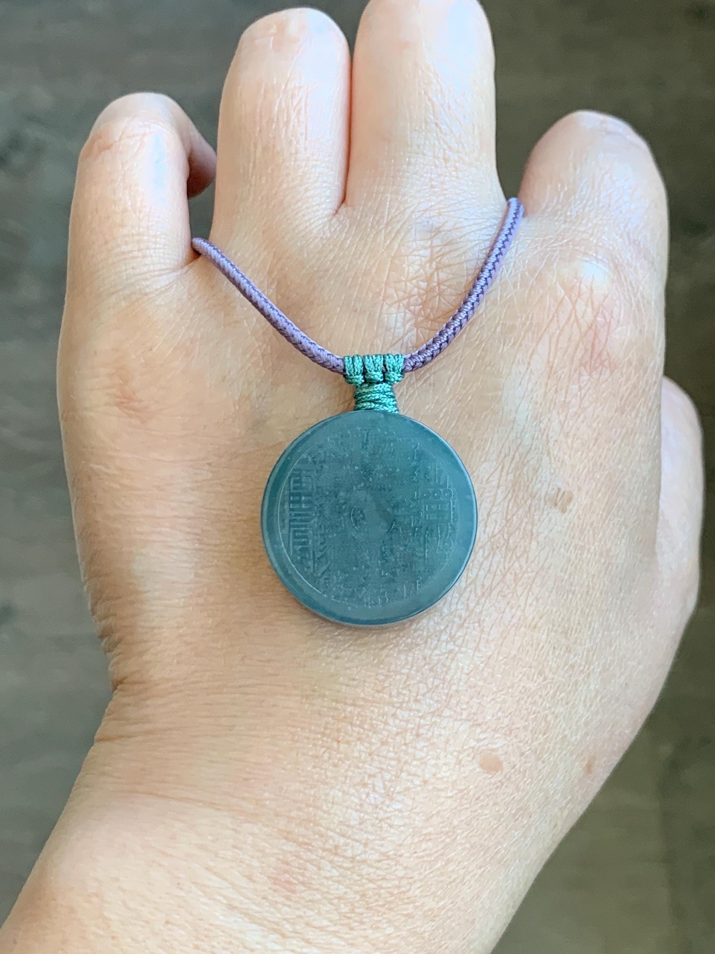 Natural Guatemalan Icy Translucent Teal Blue Jade Jadeite Mountain Ghost Eight Trigrams Coin Pendant Rope Necklace 天然冰危蓝绿翡翠精工山鬼币吊坠 PSG81C