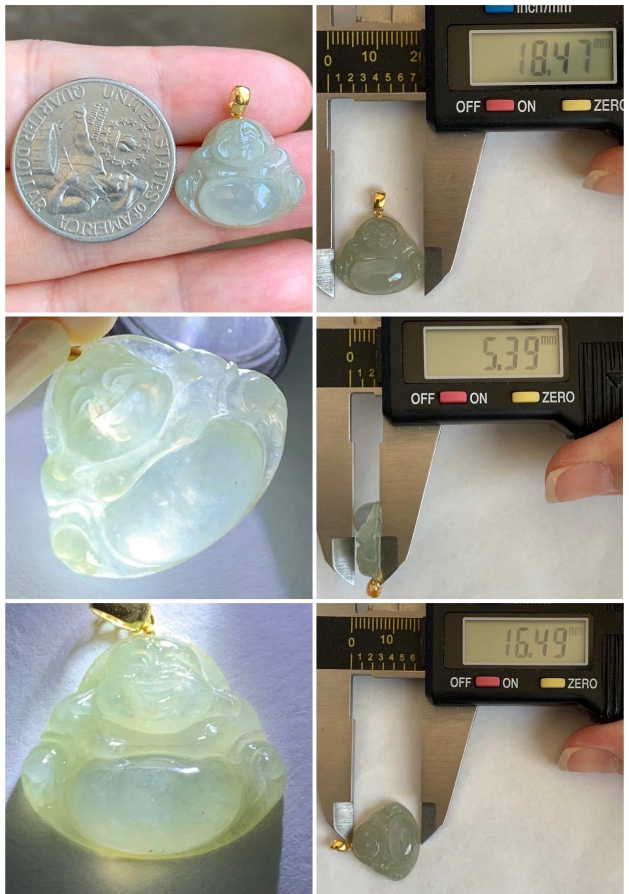 Natural Grade A Icy Highly Translucent Beige Jade Jadeite Carved Buddha Petite Pendant 18K Yellow Gold 天然冰糖黄翡翠小佛公镶嵌吊坠 MTH150A