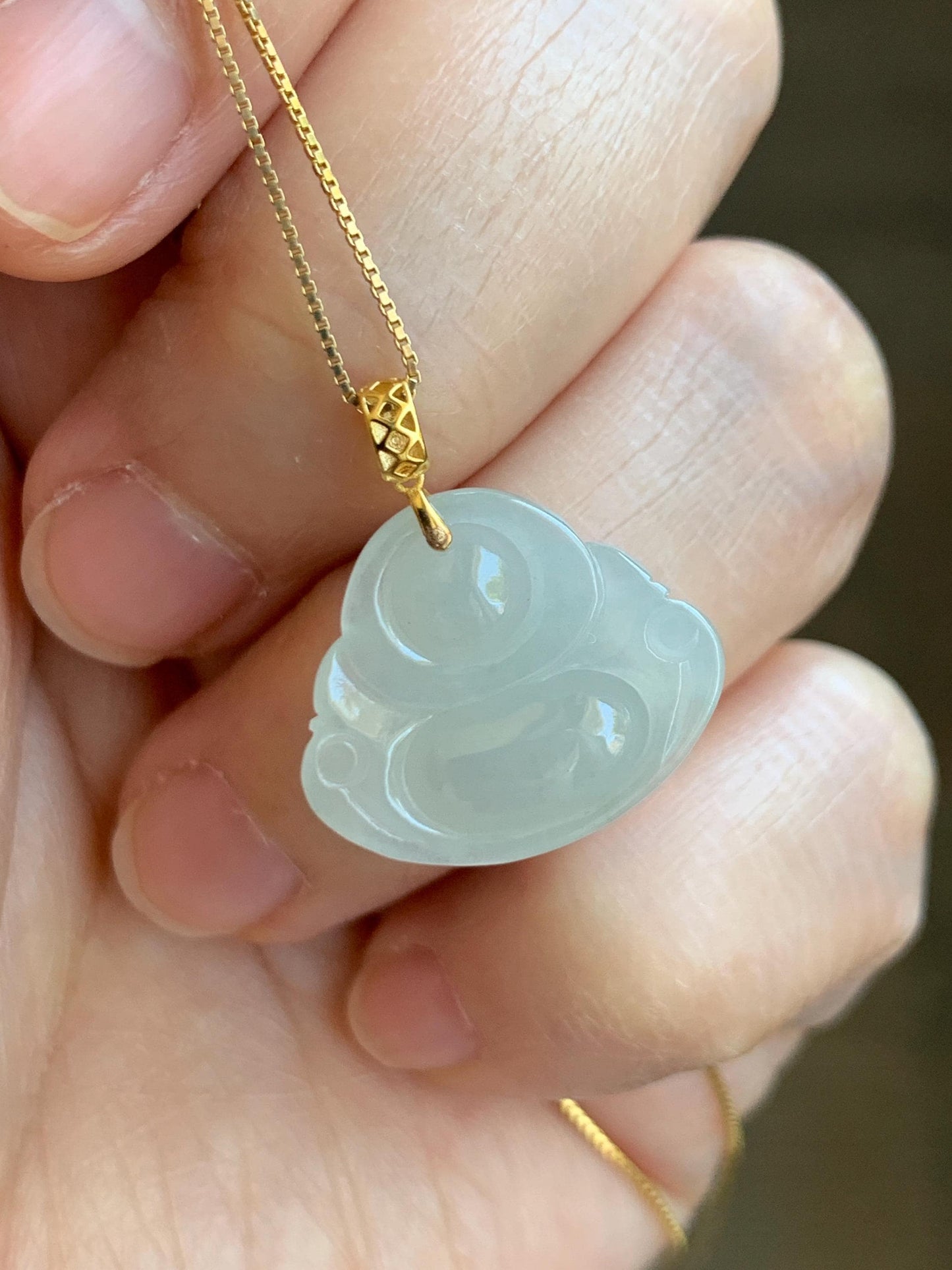 Natural Grade A Icy Translucent Beige Jade Jadeite Carved Buddha Petite Pendant 18K Yellow Gold 天然冰糖黄翡翠小佛公镶嵌吊坠 MTH150B