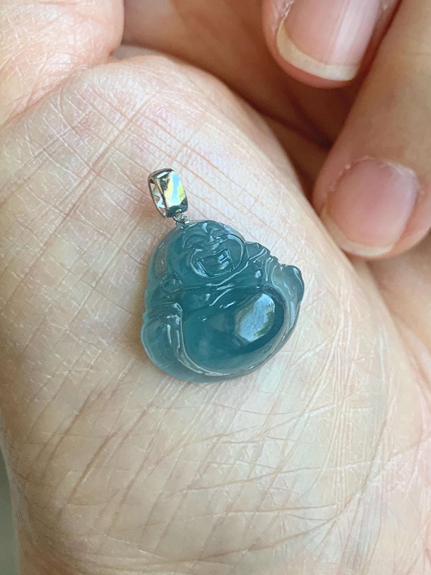 Natural Grade A Guatemalan Icy Translucent Gelatinous Blue Jade Jadeite Carved Buddha Petite Pendant 18K White Gold 天然冰危蓝翡翠小佛公镶嵌吊坠 XWLF-A