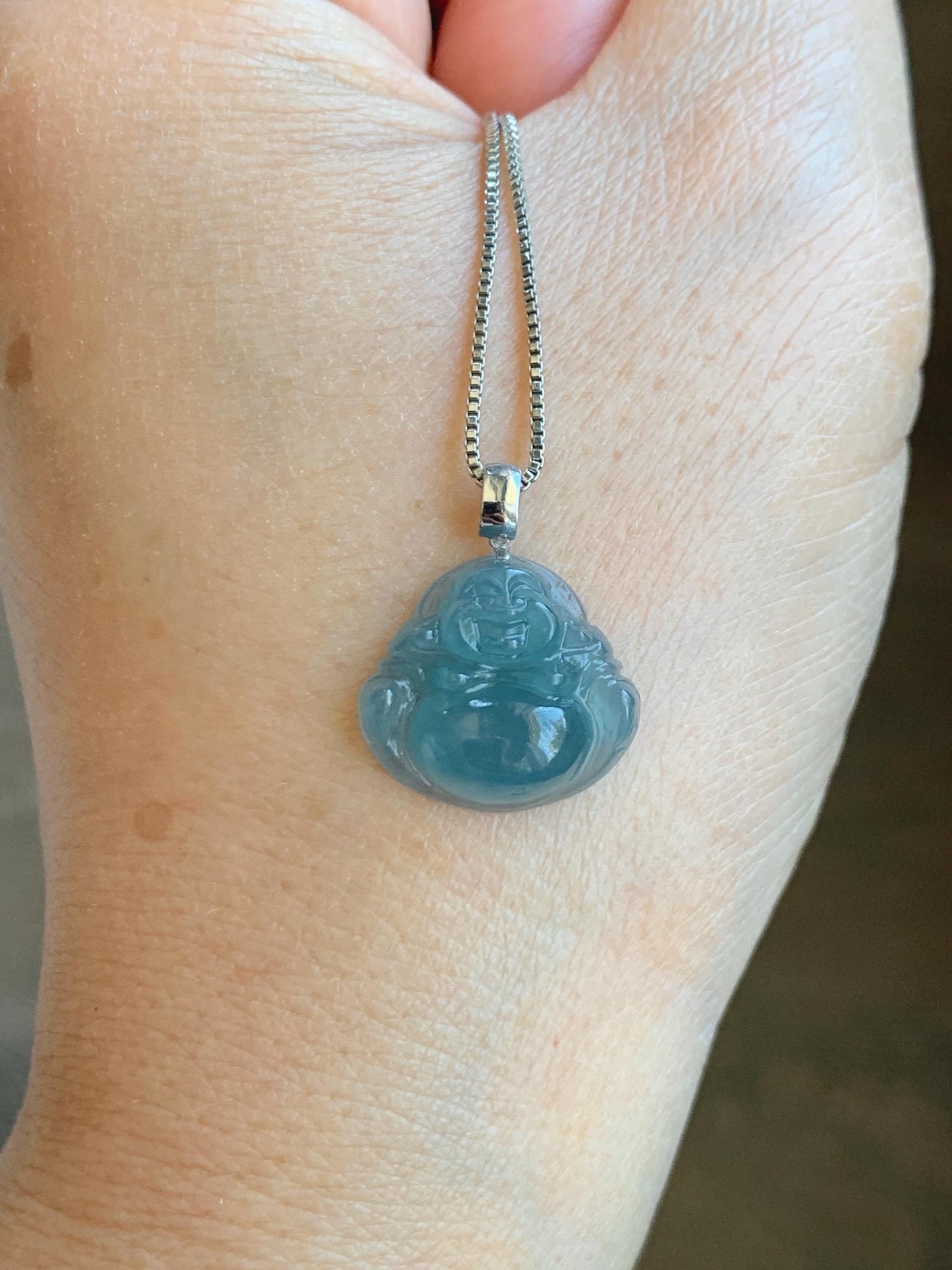 Natural Grade A Guatemalan Icy Translucent Gelatinous Blue Jade Jadeite Carved Buddha Petite Pendant 18K White Gold 天然冰危蓝翡翠小佛公镶嵌吊坠 XWLF-A