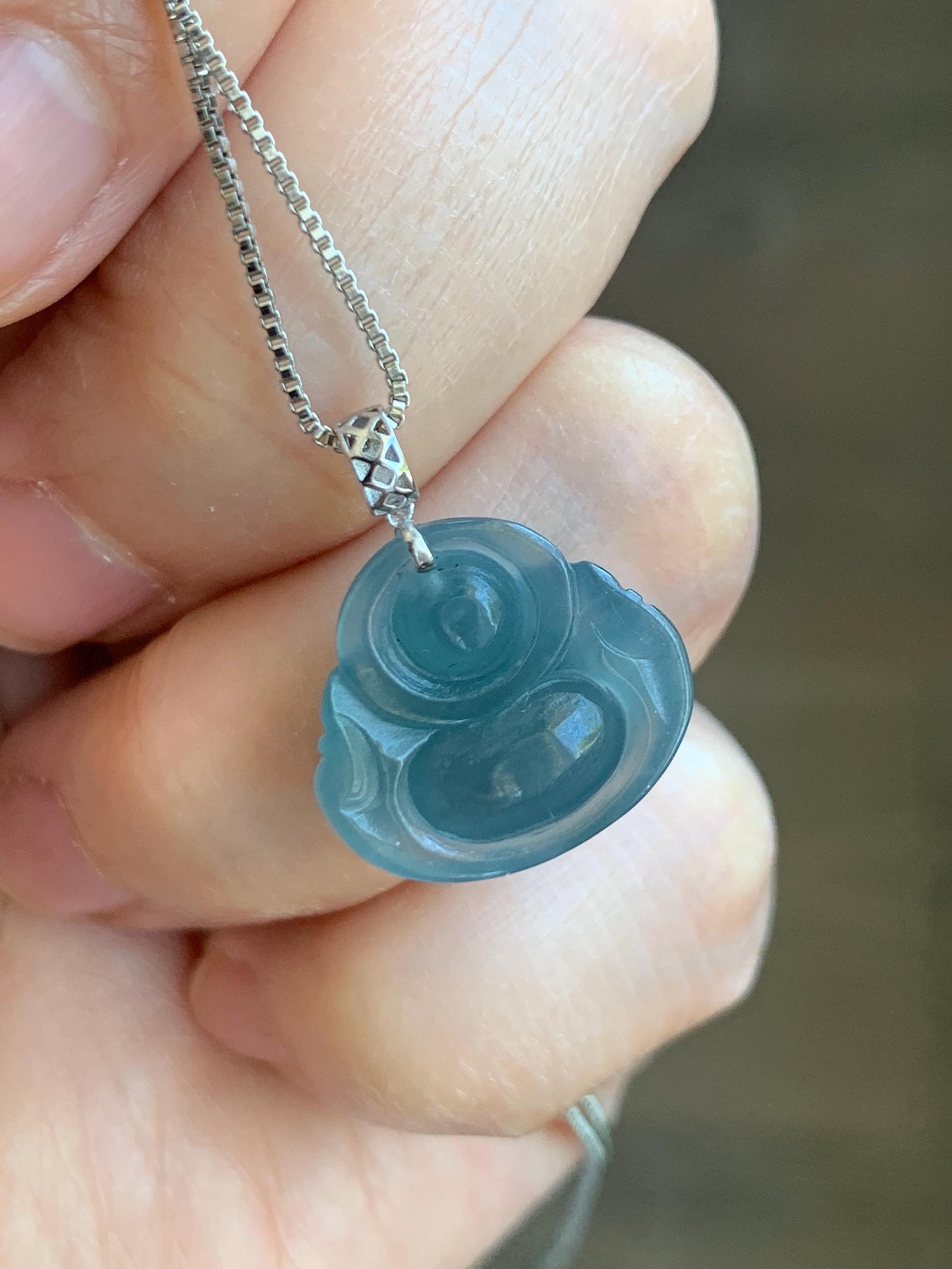 Natural Grade A Guatemalan Icy Translucent Gelatinous Deep Blue Jade Jadeite Buddha Petite Pendant 18K White Gold 天然冰危蓝翡翠小佛公镶嵌吊坠 XWLF-B