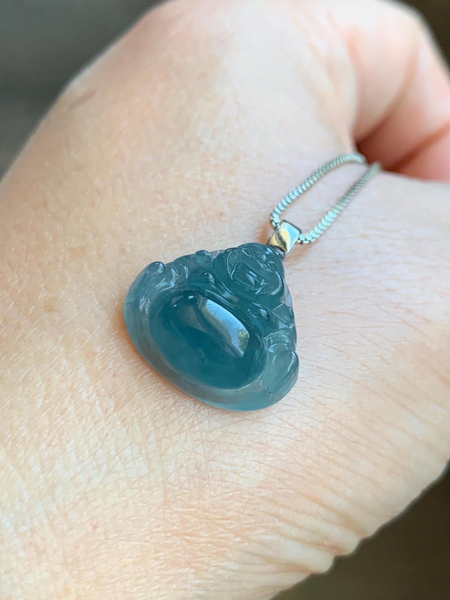 Natural Grade A Guatemalan Icy Translucent Gelatinous Deep Blue Jade Jadeite Buddha Petite Pendant 18K White Gold 天然冰危蓝翡翠小佛公镶嵌吊坠 XWLF-B