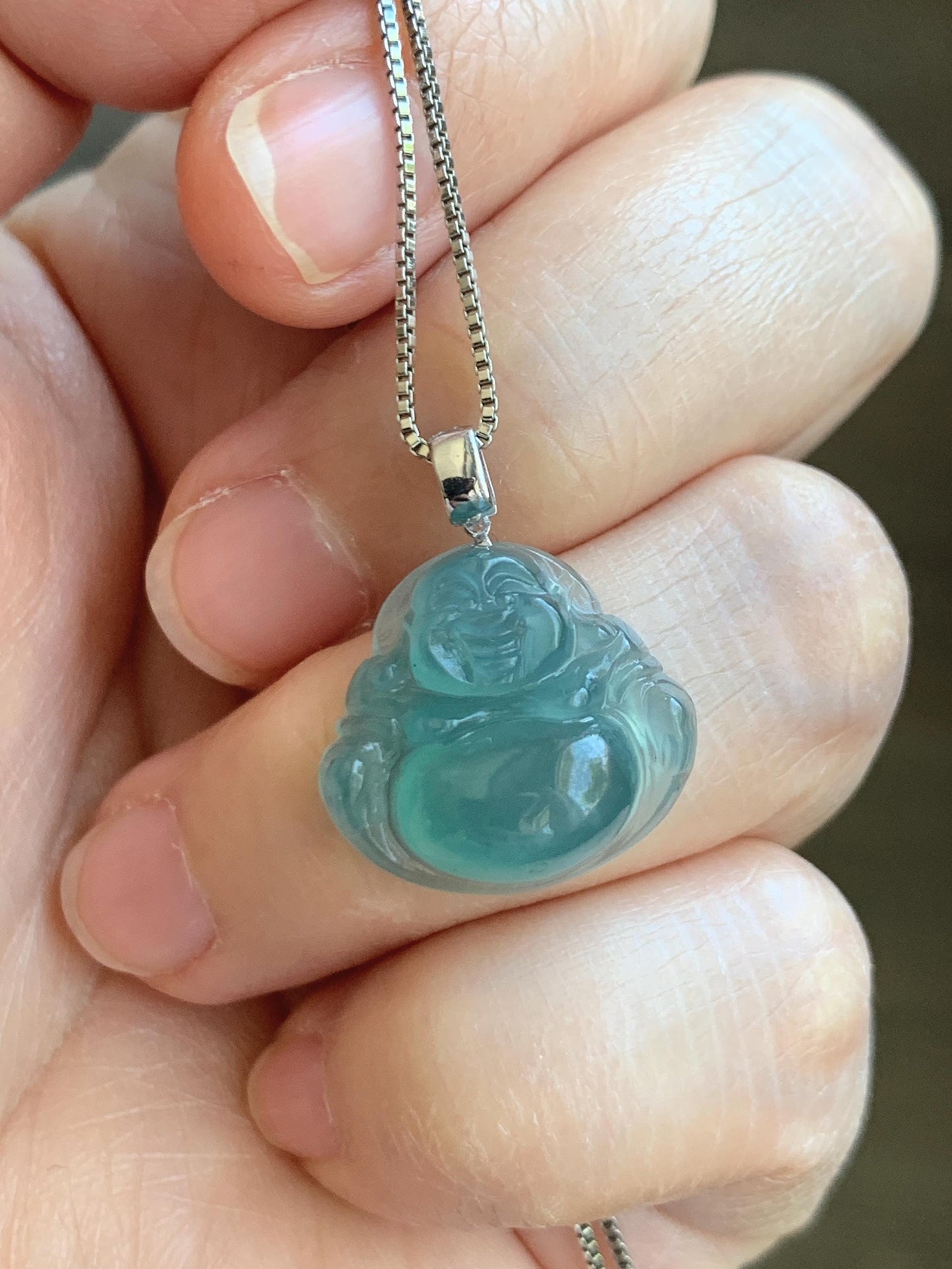 Natural Grade A Guatemalan Icy Translucent Gelatinous Teal Jade Jadeite Buddha Petite Pendant 18K White Gold 天然冰危蓝绿翡翠小佛公镶嵌吊坠 XWLF-C