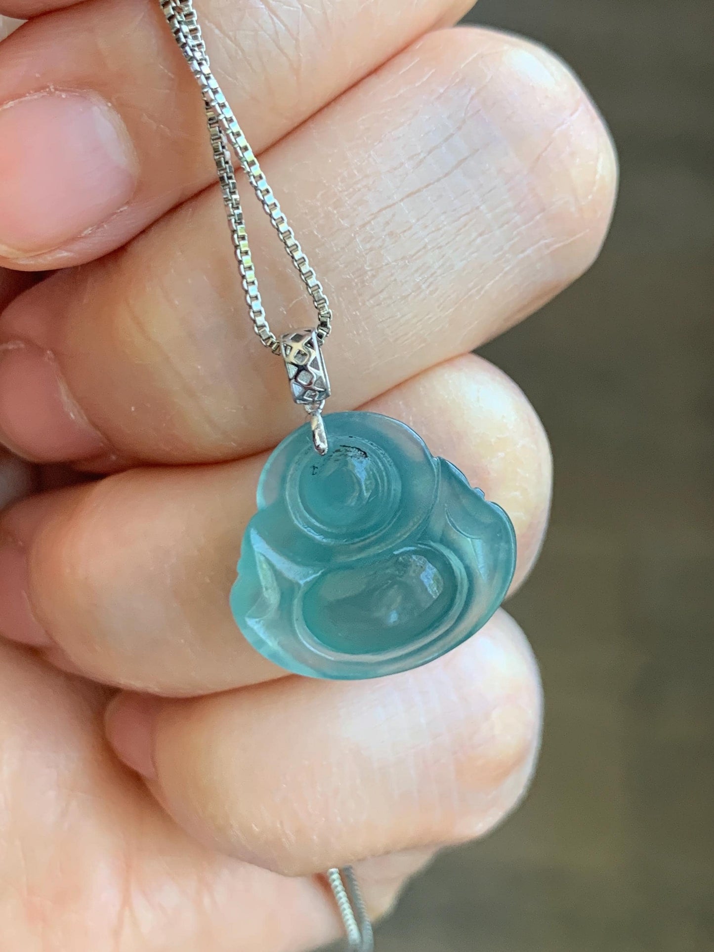 Natural Grade A Guatemalan Icy Translucent Gelatinous Teal Jade Jadeite Buddha Petite Pendant 18K White Gold 天然冰危蓝绿翡翠小佛公镶嵌吊坠 XWLF-C