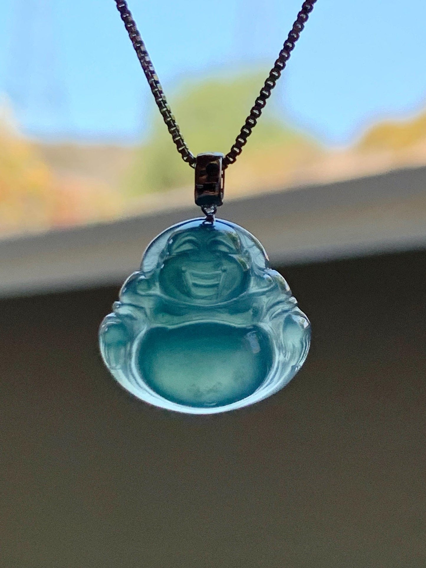 Natural Grade A Guatemalan Icy Translucent Gelatinous Teal Jade Jadeite Buddha Petite Pendant 18K White Gold 天然冰危蓝绿翡翠小佛公镶嵌吊坠 XWLF-C