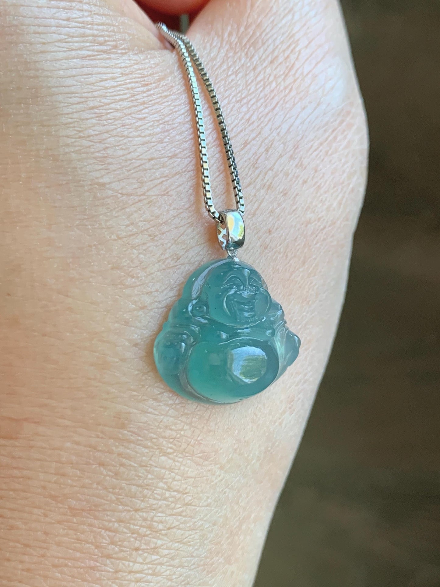Natural Grade A Guatemalan Icy Translucent Gelatinous Teal Jade Jadeite Buddha Petite Pendant 18K White Gold 天然冰危蓝绿翡翠小佛公镶嵌吊坠 XWLF-C