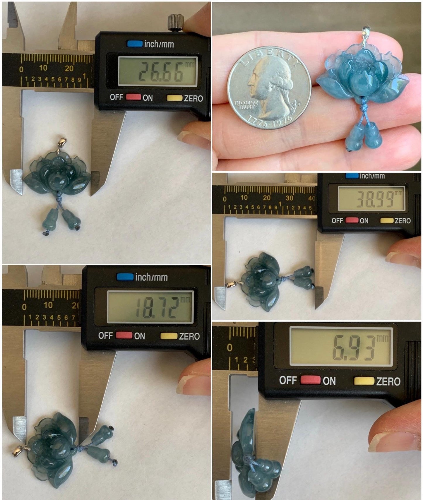 Natural Grade A Guatemalan Icy Highly Translucent Dusty Blue Jade Jadeite Lotus Flower Gourd Pendant 18K White Gold 天然冰危蓝翡翠莲花葫芦吊坠 LHW250