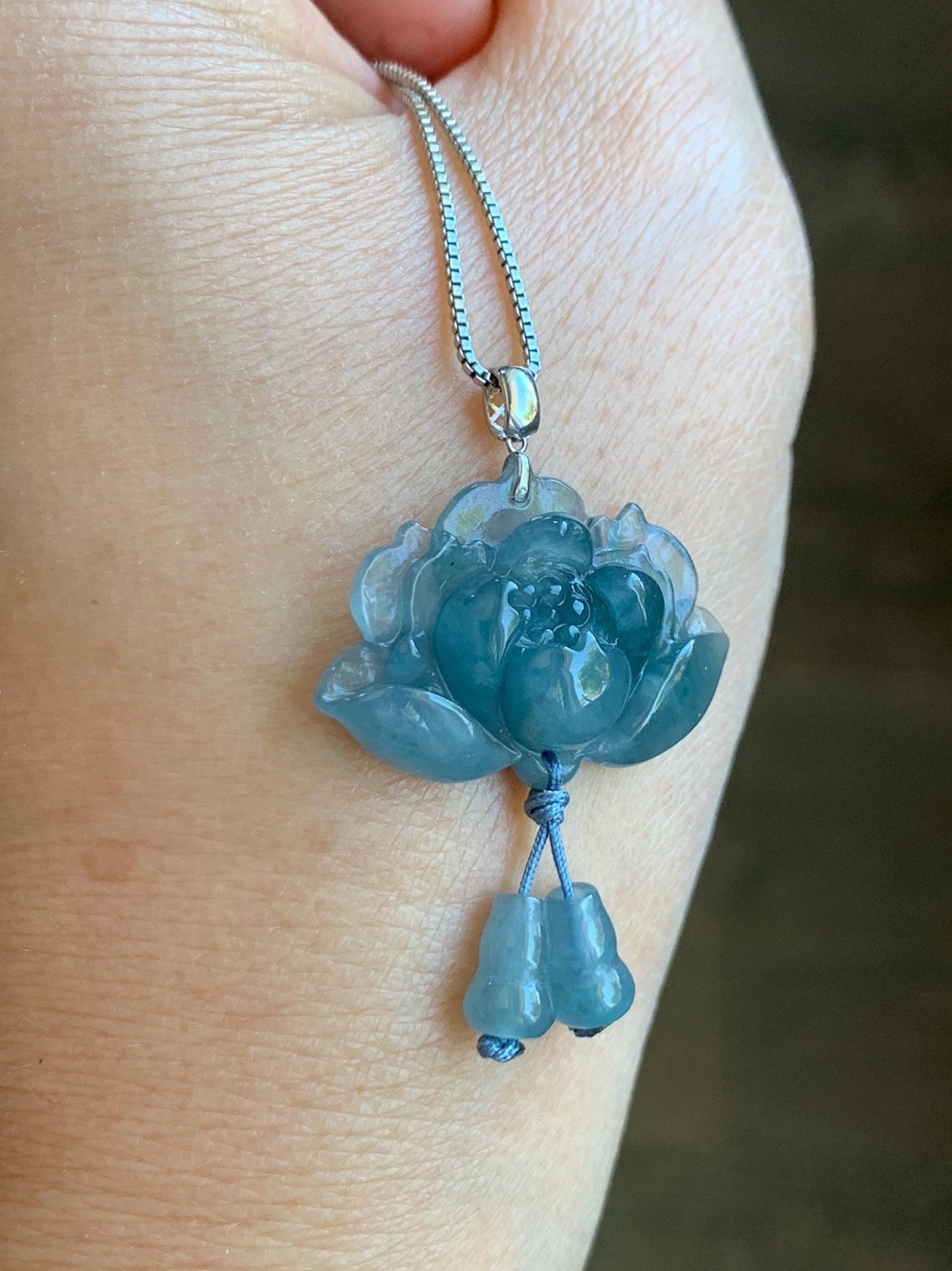 Natural Grade A Guatemalan Icy Highly Translucent Dusty Blue Jade Jadeite Lotus Flower Gourd Pendant 18K White Gold 天然冰危蓝翡翠莲花葫芦吊坠 LHW250