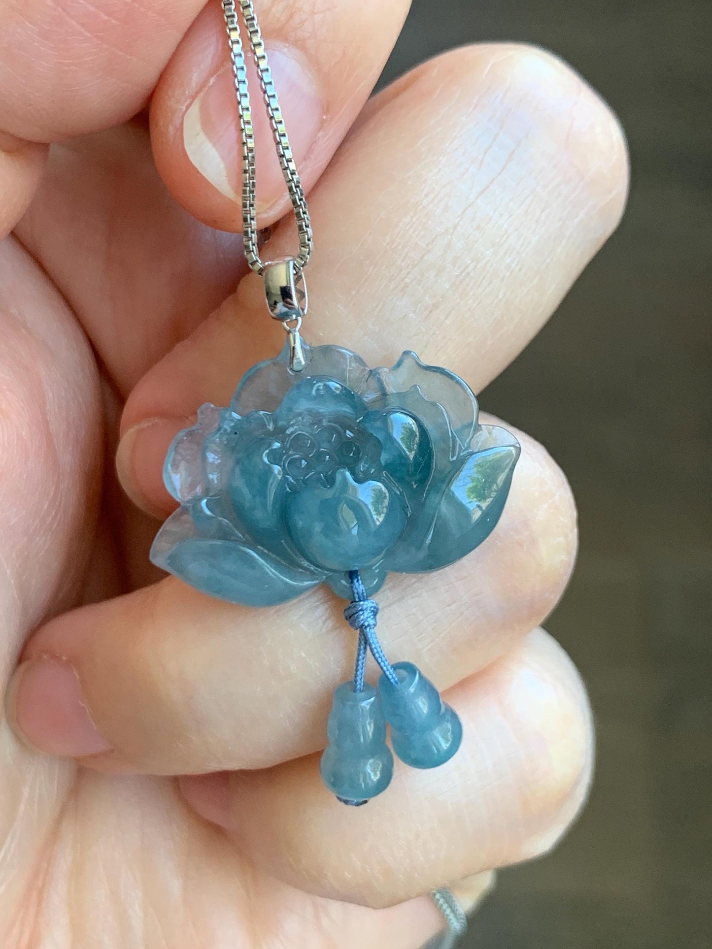Natural Grade A Guatemalan Icy Highly Translucent Dusty Blue Jade Jadeite Lotus Flower Gourd Pendant 18K White Gold 天然冰危蓝翡翠莲花葫芦吊坠 LHW250