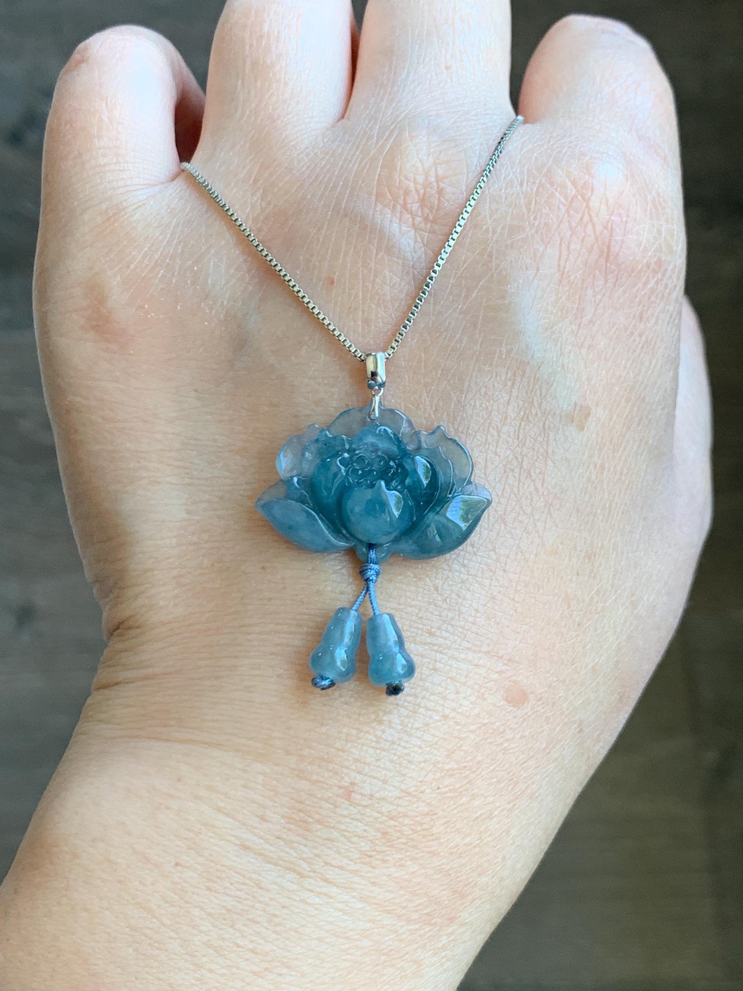 Natural Grade A Guatemalan Icy Highly Translucent Dusty Blue Jade Jadeite Lotus Flower Gourd Pendant 18K White Gold 天然冰危蓝翡翠莲花葫芦吊坠 LHW250