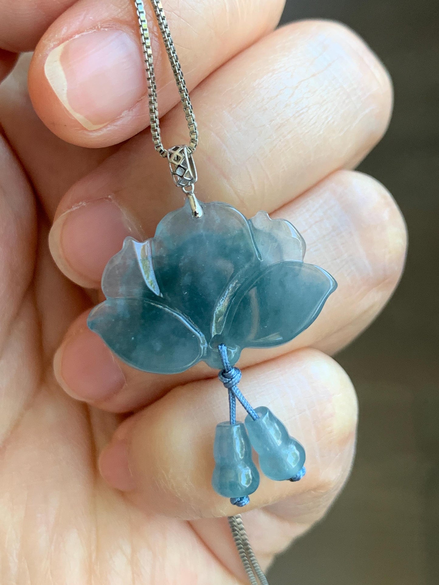 Natural Grade A Guatemalan Icy Highly Translucent Dusty Blue Jade Jadeite Lotus Flower Gourd Pendant 18K White Gold 天然冰危蓝翡翠莲花葫芦吊坠 LHW250
