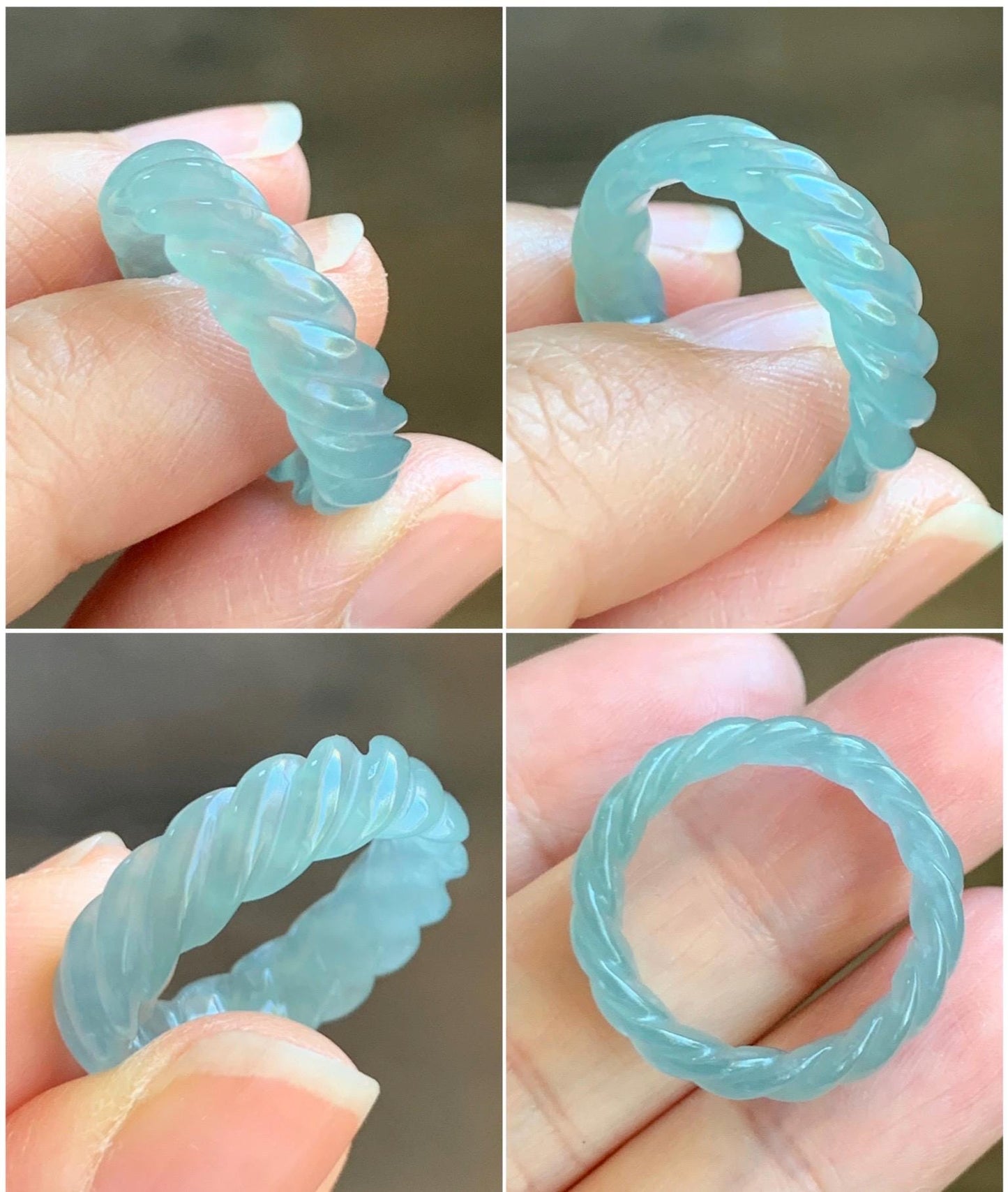 Natural Grade A Guatemalan Icy Highly Translucent Gelatinous Light Teal Jade Jadeite Carved Braid Band Ring Size 6.75 天然高冰危浅蓝绿翡翠麻花戒圈 MHW110A