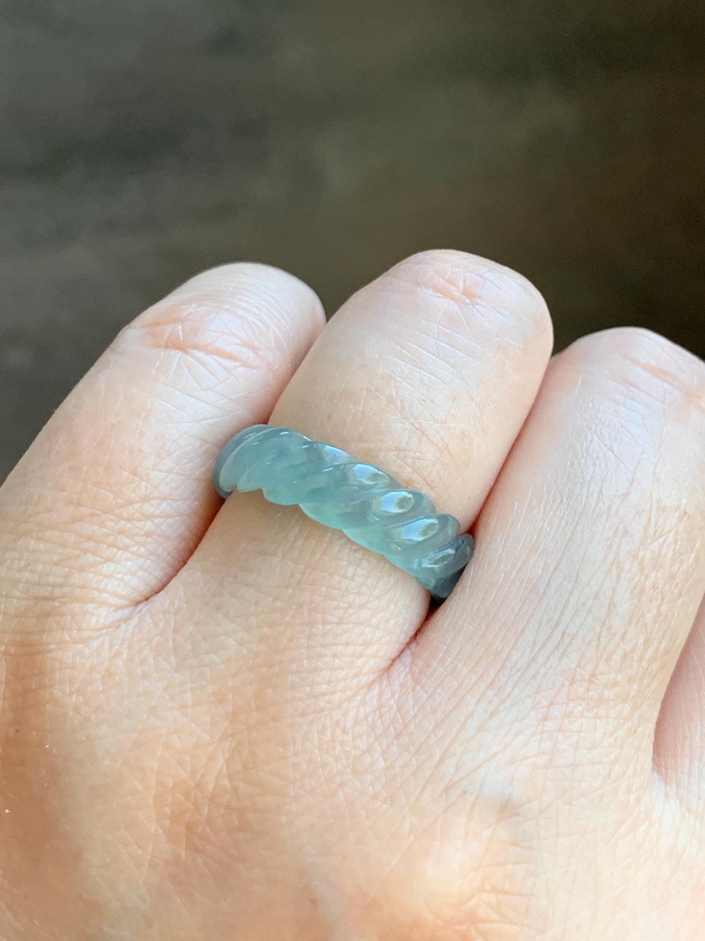 Natural Grade A Guatemalan Icy Highly Translucent Gelatinous Light Teal Jade Jadeite Carved Braid Band Ring Size 6.75 天然高冰危浅蓝绿翡翠麻花戒圈 MHW110A