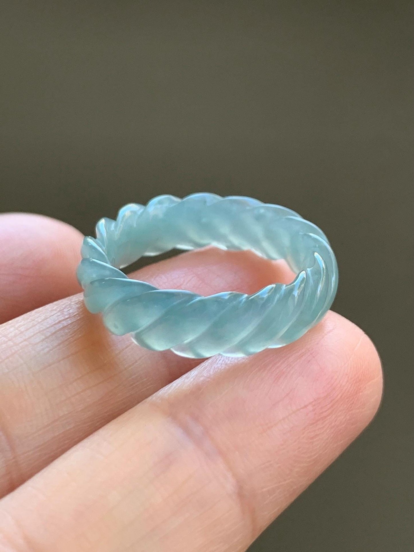 Natural Grade A Guatemalan Icy Highly Translucent Gelatinous Light Teal Jade Jadeite Carved Braid Band Ring Size 8.25 天然高冰危浅蓝绿翡翠麻花戒圈 MHW110B
