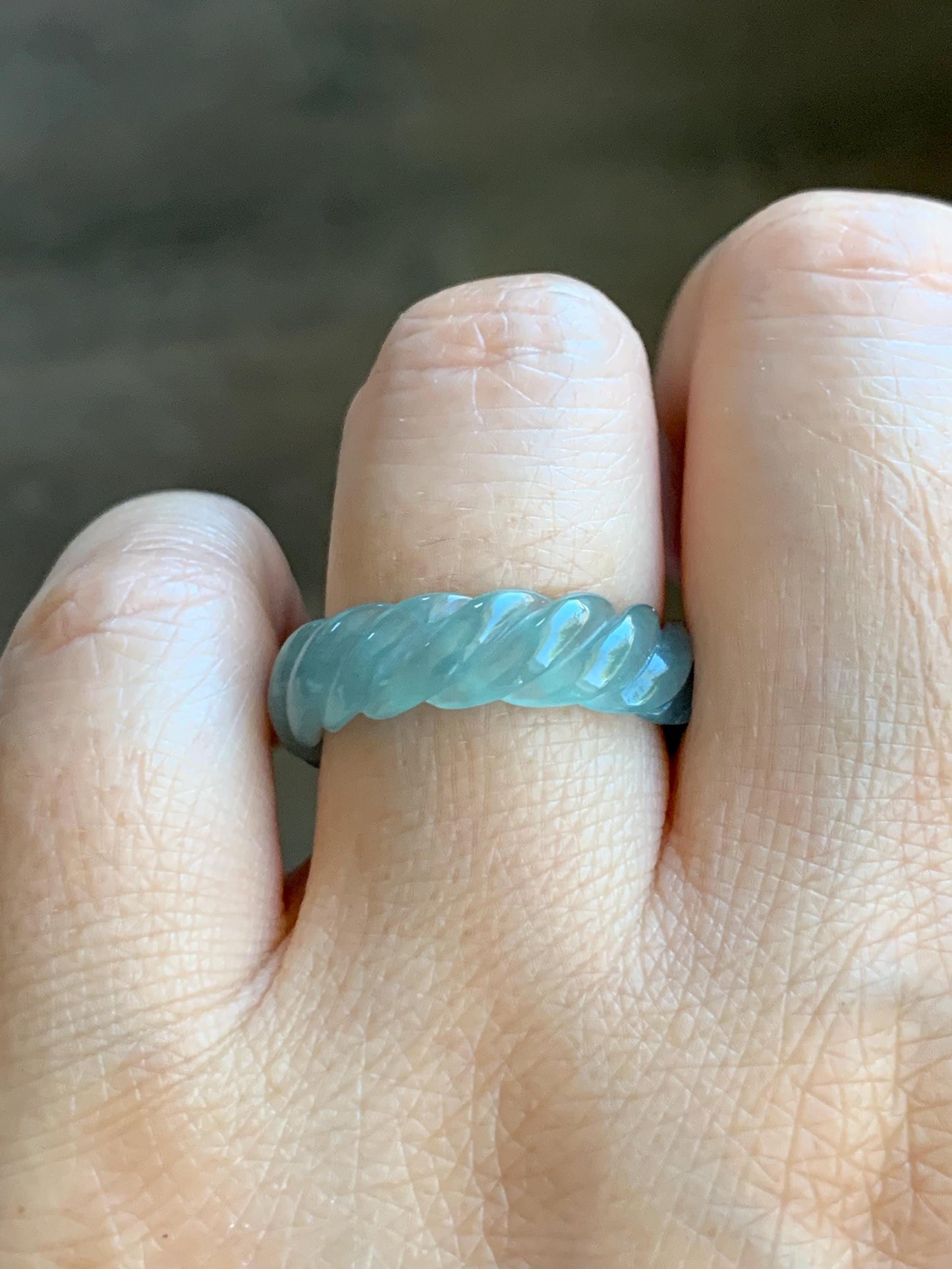 Natural Grade A Guatemalan Icy Highly Translucent Gelatinous Light Teal Jade Jadeite Carved Braid Band Ring Size 8.25 天然高冰危浅蓝绿翡翠麻花戒圈 MHW110B