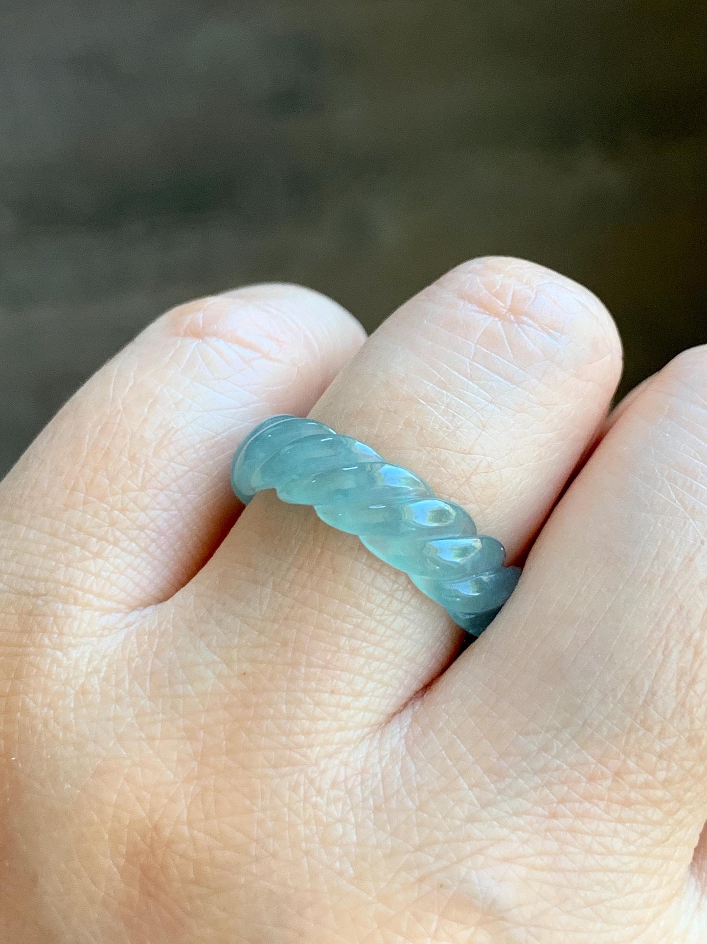 Natural Grade A Guatemalan Icy Highly Translucent Gelatinous Light Teal Jade Jadeite Carved Braid Band Ring Size 8.25 天然高冰危浅蓝绿翡翠麻花戒圈 MHW110B