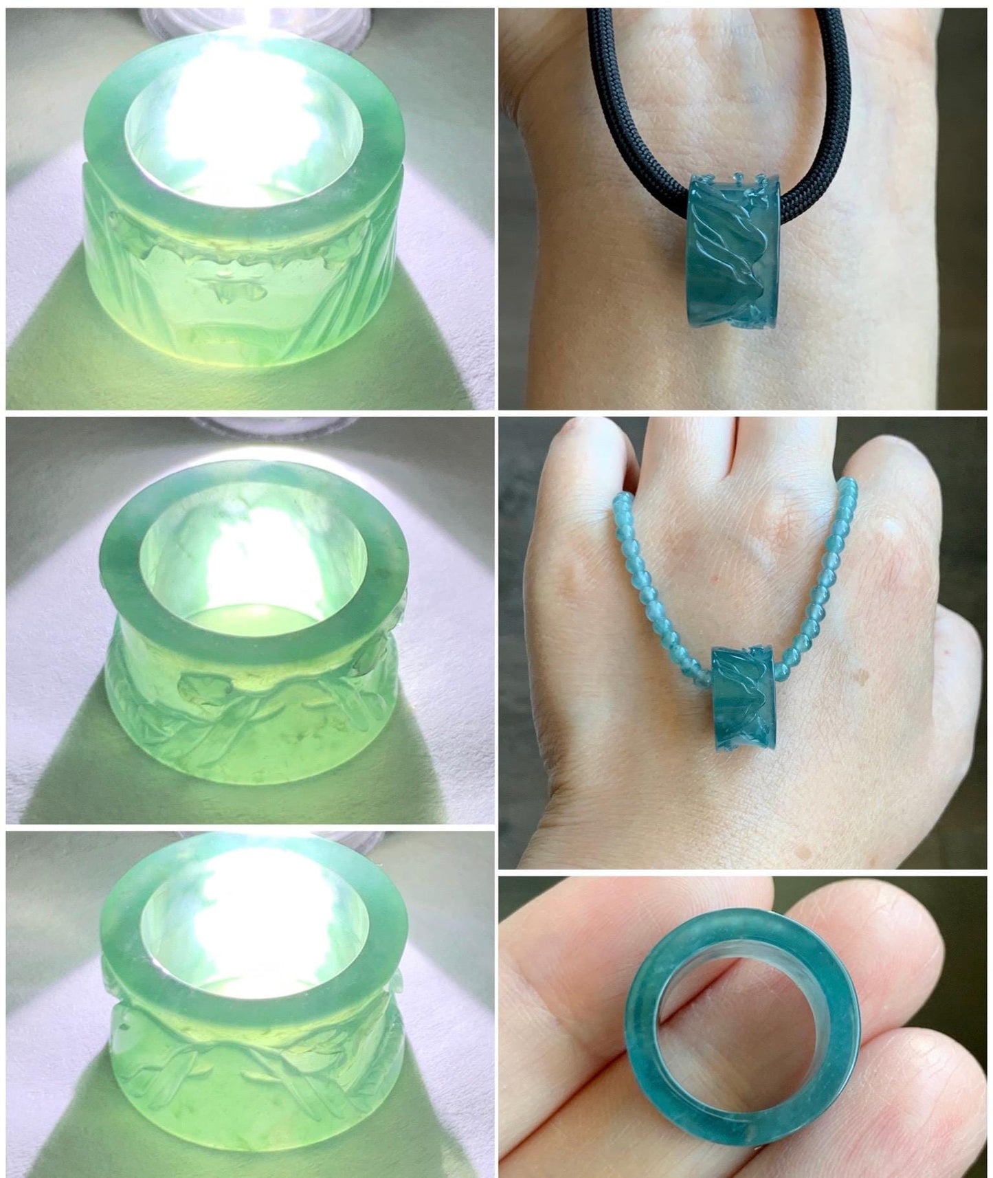 Natural Grade A Guatemalan Icy Highly Translucent Dark Teal Blue Jade Jadeite Engraved Shan Shui Band Ring Pendant 4g 天然冰危深蓝翡翠山水跑环吊坠 WQL66A