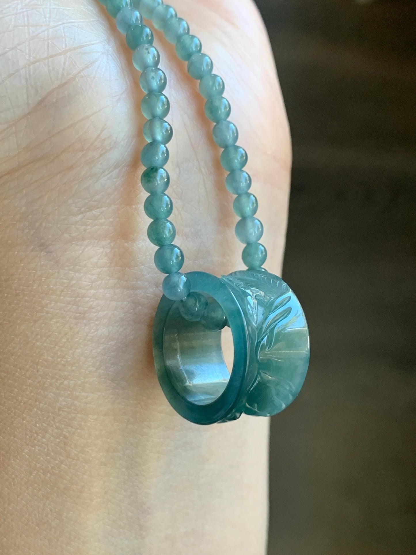 Natural Grade A Guatemalan Icy Highly Translucent Dark Teal Blue Jade Jadeite Engraved Shan Shui Band Ring Pendant 4g 天然冰危深蓝翡翠山水跑环吊坠 WQL66B