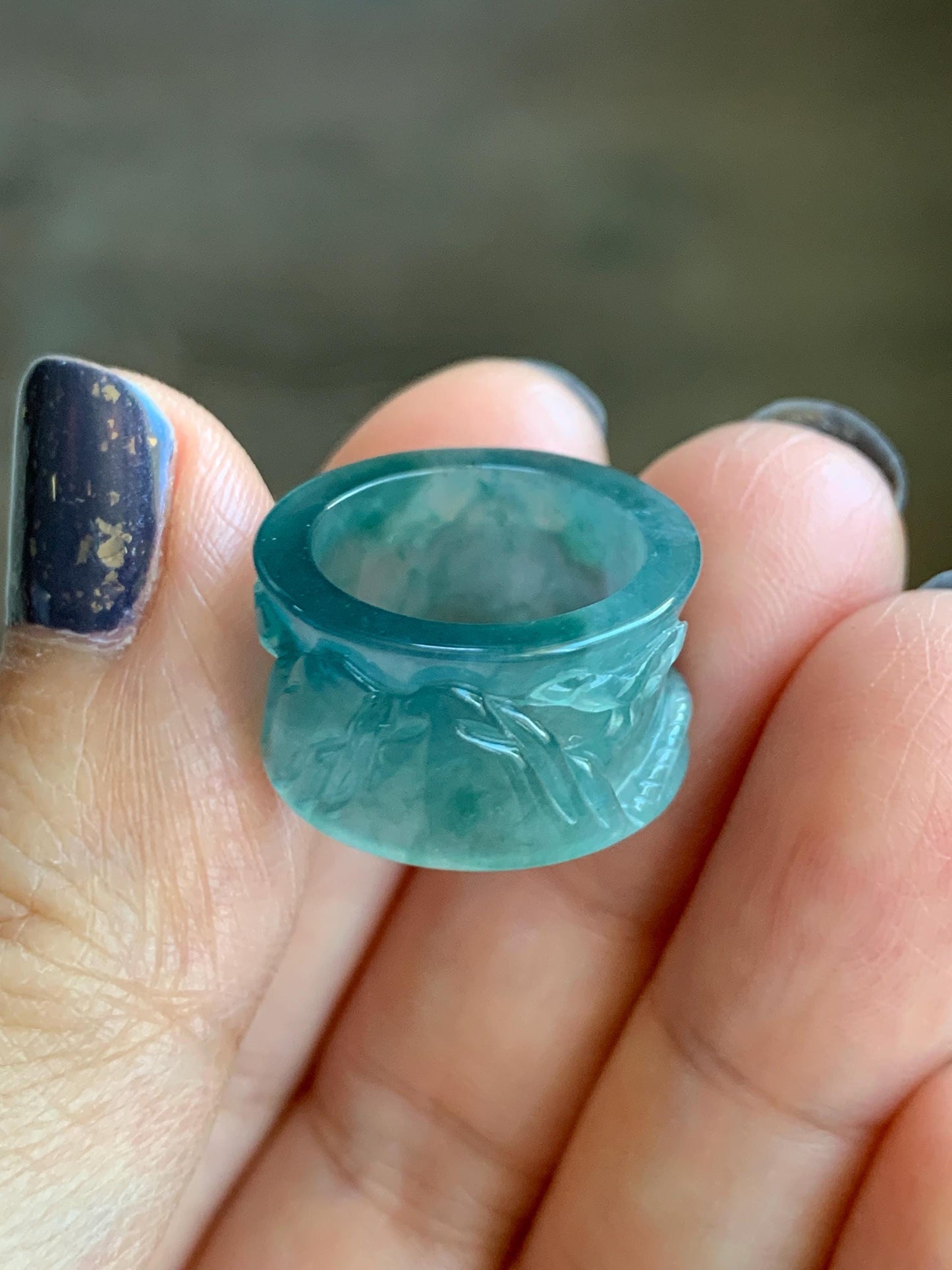 Natural Grade A Guatemalan Icy Highly Translucent Dark Teal Blue Jade Jadeite Engraved Shan Shui Band Ring Pendant 4g 天然冰危深蓝翡翠山水跑环吊坠 WQL66B