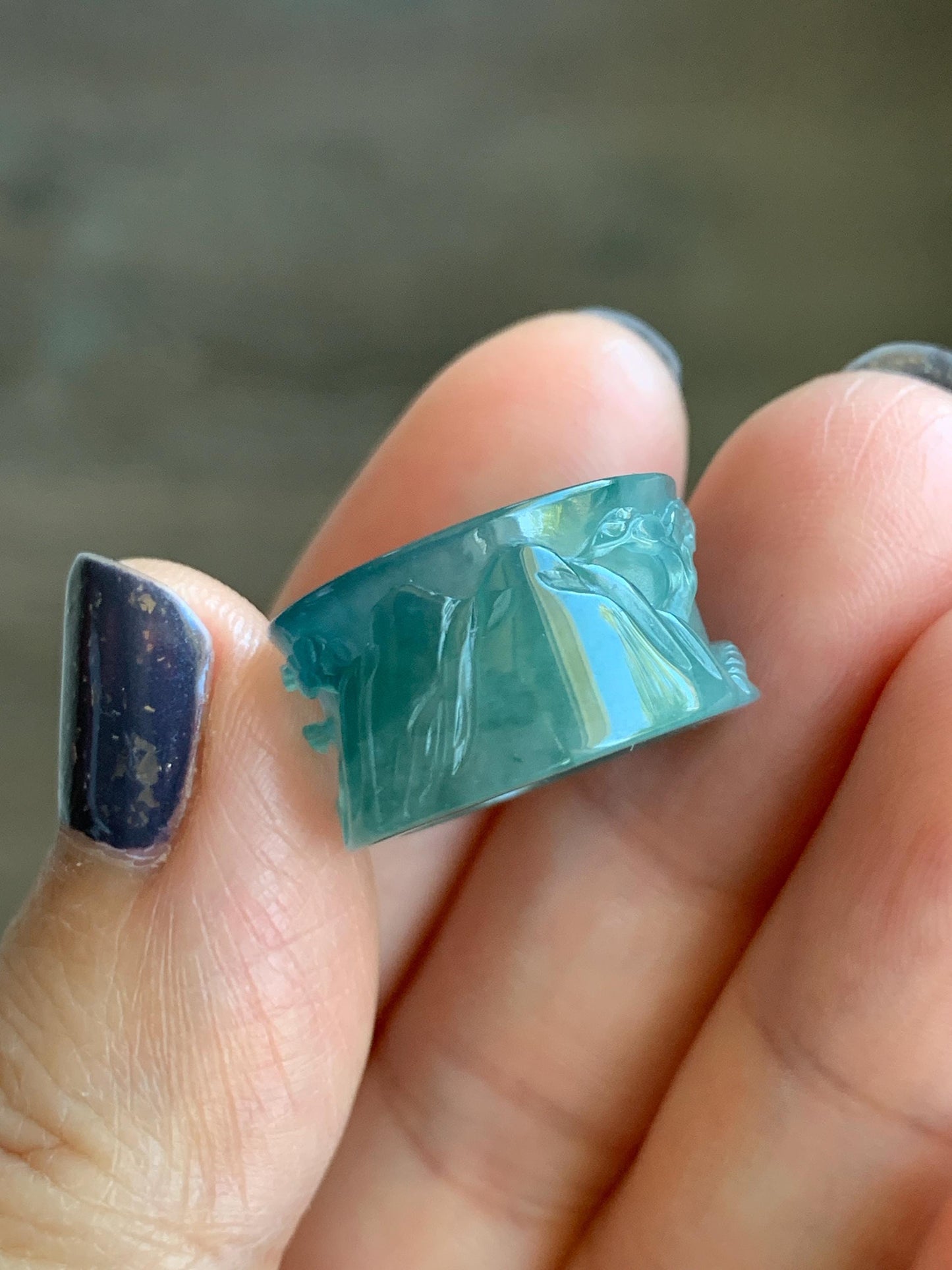 Natural Grade A Guatemalan Icy Highly Translucent Dark Teal Blue Jade Jadeite Engraved Shan Shui Band Ring Pendant 4g 天然冰危深蓝翡翠山水跑环吊坠 WQL66B