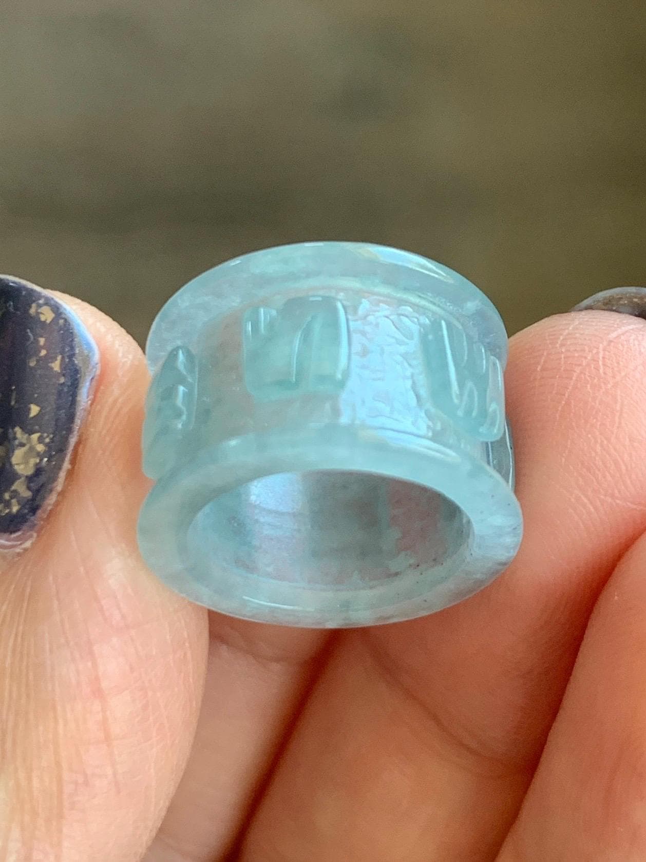 Natural Grade A Guatemalan Icy Highly Translucent Pastel Blue Jadeite Engraved Six Word Mantra Band Ring Pendant 3g 天然冰危淡蓝翡翠六字真言跑环吊坠 WQL66C