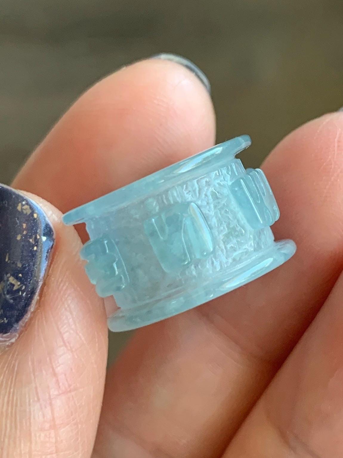 Natural Grade A Guatemalan Icy Highly Translucent Pastel Blue Jadeite Engraved Six Word Mantra Band Ring Pendant 3g 天然冰危淡蓝翡翠六字真言跑环吊坠 WQL66C