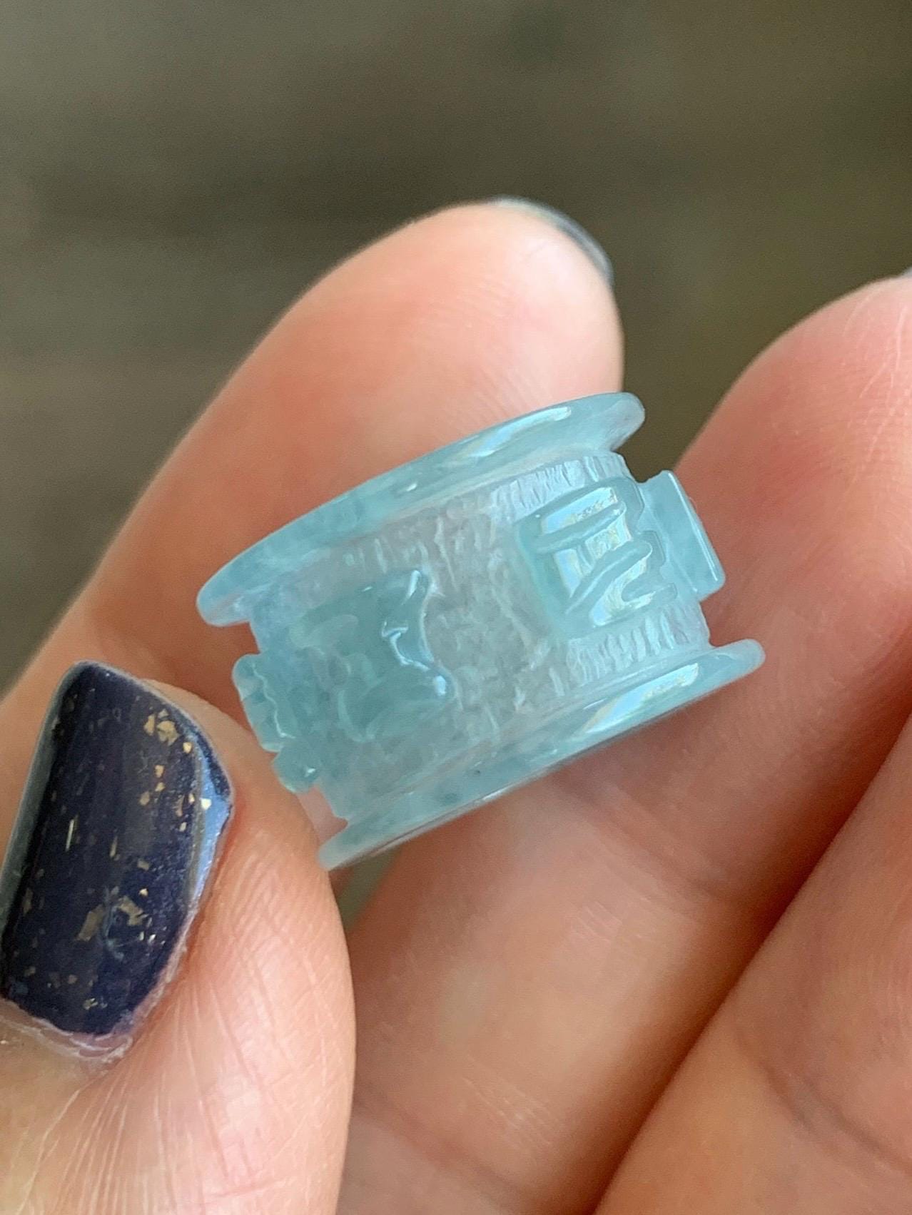 Natural Grade A Guatemalan Icy Highly Translucent Pastel Blue Jadeite Engraved Six Word Mantra Band Ring Pendant 3g 天然冰危淡蓝翡翠六字真言跑环吊坠 WQL66C