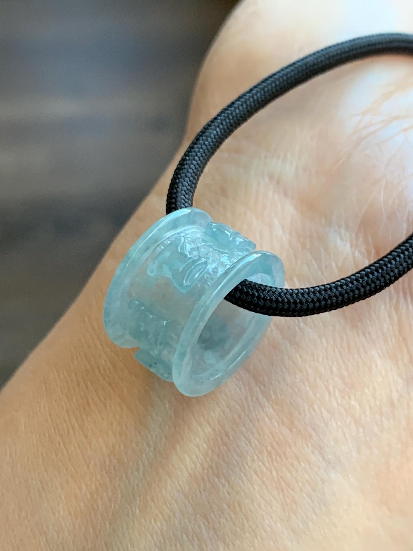 Natural Grade A Guatemalan Icy Highly Translucent Pastel Blue Jadeite Engraved Six Word Mantra Band Ring Pendant 3g 天然冰危淡蓝翡翠六字真言跑环吊坠 WQL66C