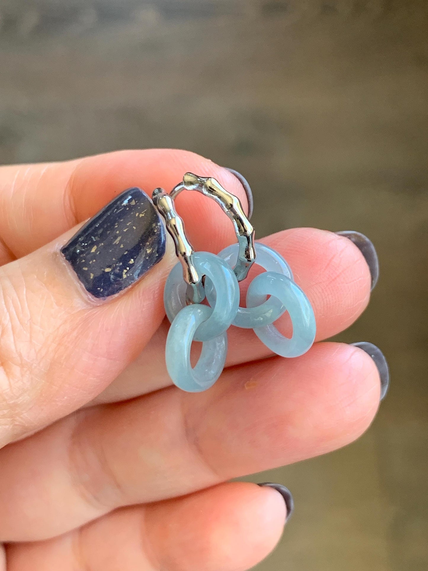 Natural Grade A Guatemalan Icy Translucent Pastel Dusty Blue Jadeite Interlocking Rings Hoop Earrings White Gold Plated 天然冰危淡蓝翡翠环环相扣耳包 HHZ76