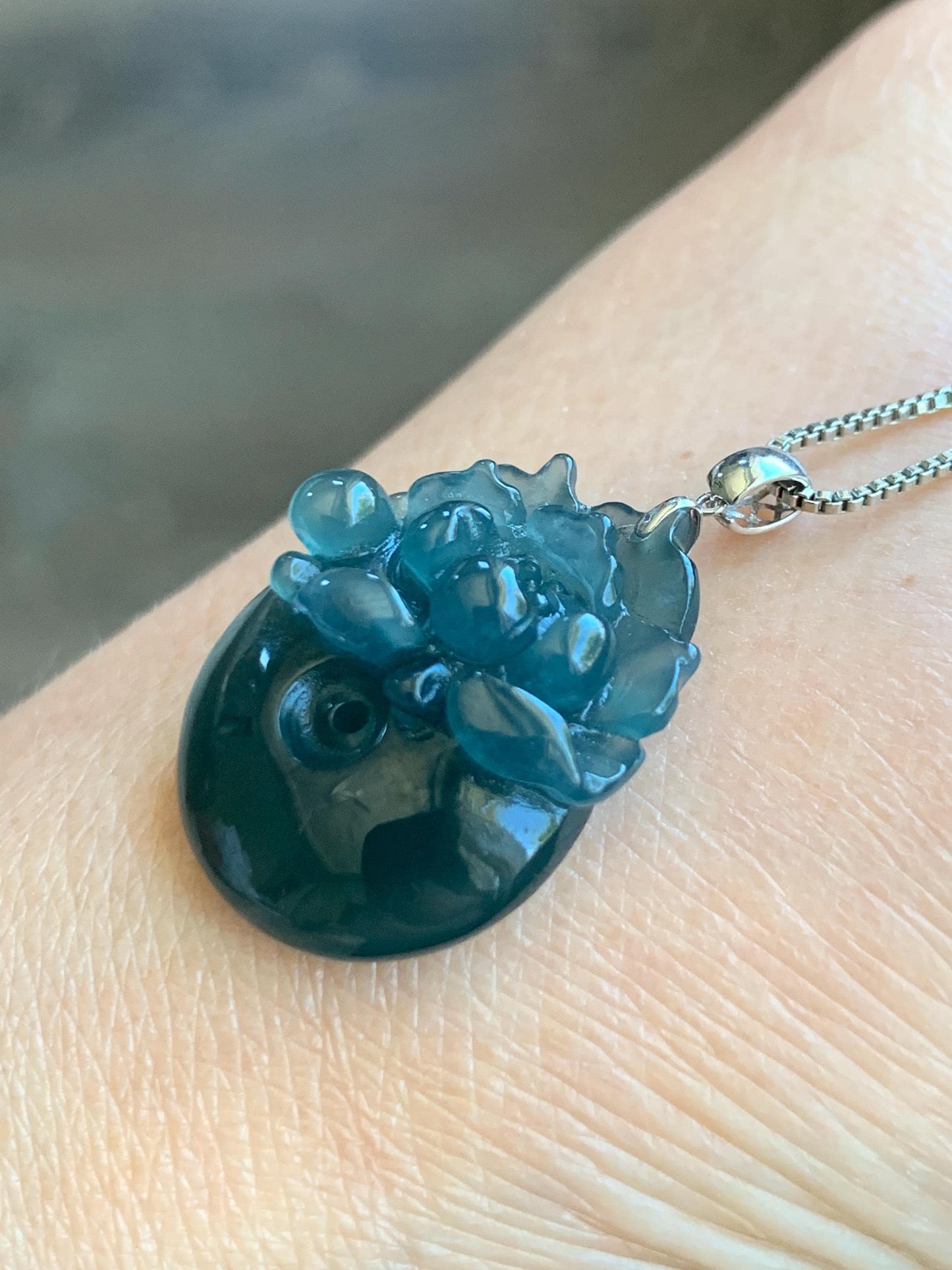 Natural Guatemalan Icy Translucent Deep Aegean Blue Jadeite Lotus Flower Ping An Kou Donut Pendant 18K White Gold 天然冰危深牛仔蓝翡翠莲花平安扣吊坠 NZLW150