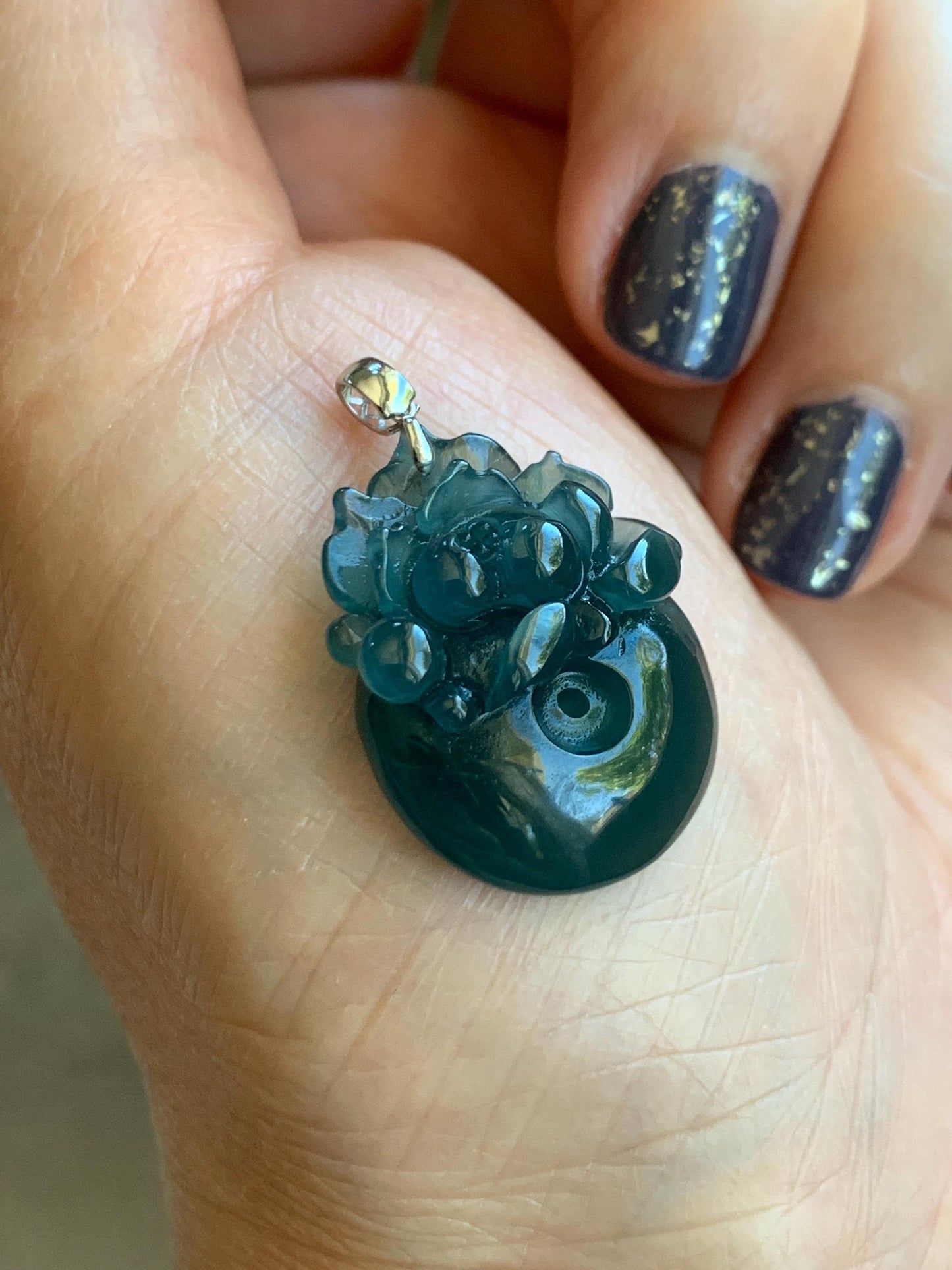Natural Guatemalan Icy Translucent Deep Aegean Blue Jadeite Lotus Flower Ping An Kou Donut Pendant 18K White Gold 天然冰危深牛仔蓝翡翠莲花平安扣吊坠 NZLW150