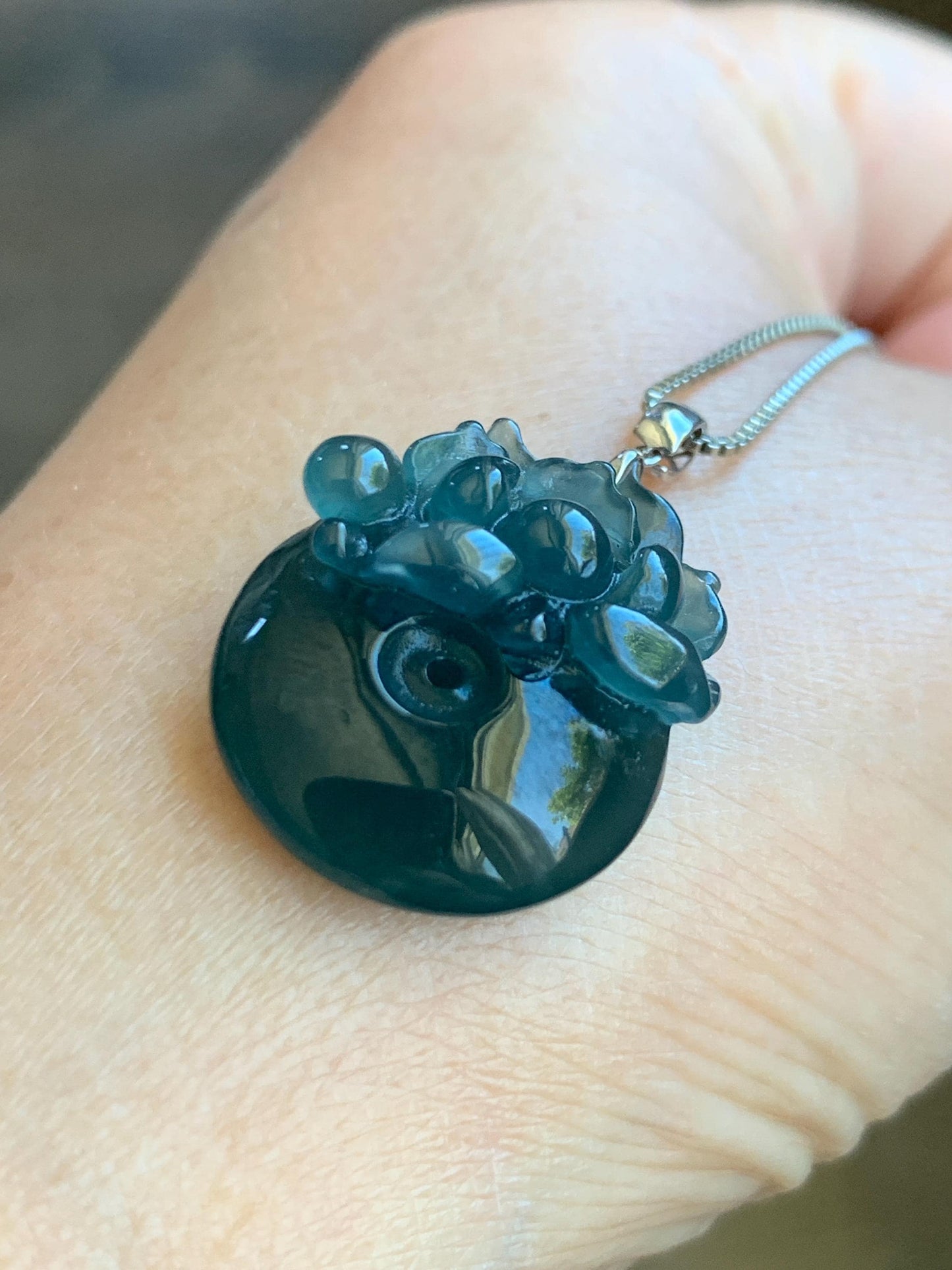 Natural Guatemalan Icy Translucent Deep Aegean Blue Jadeite Lotus Flower Ping An Kou Donut Pendant 18K White Gold 天然冰危深牛仔蓝翡翠莲花平安扣吊坠 NZLW150