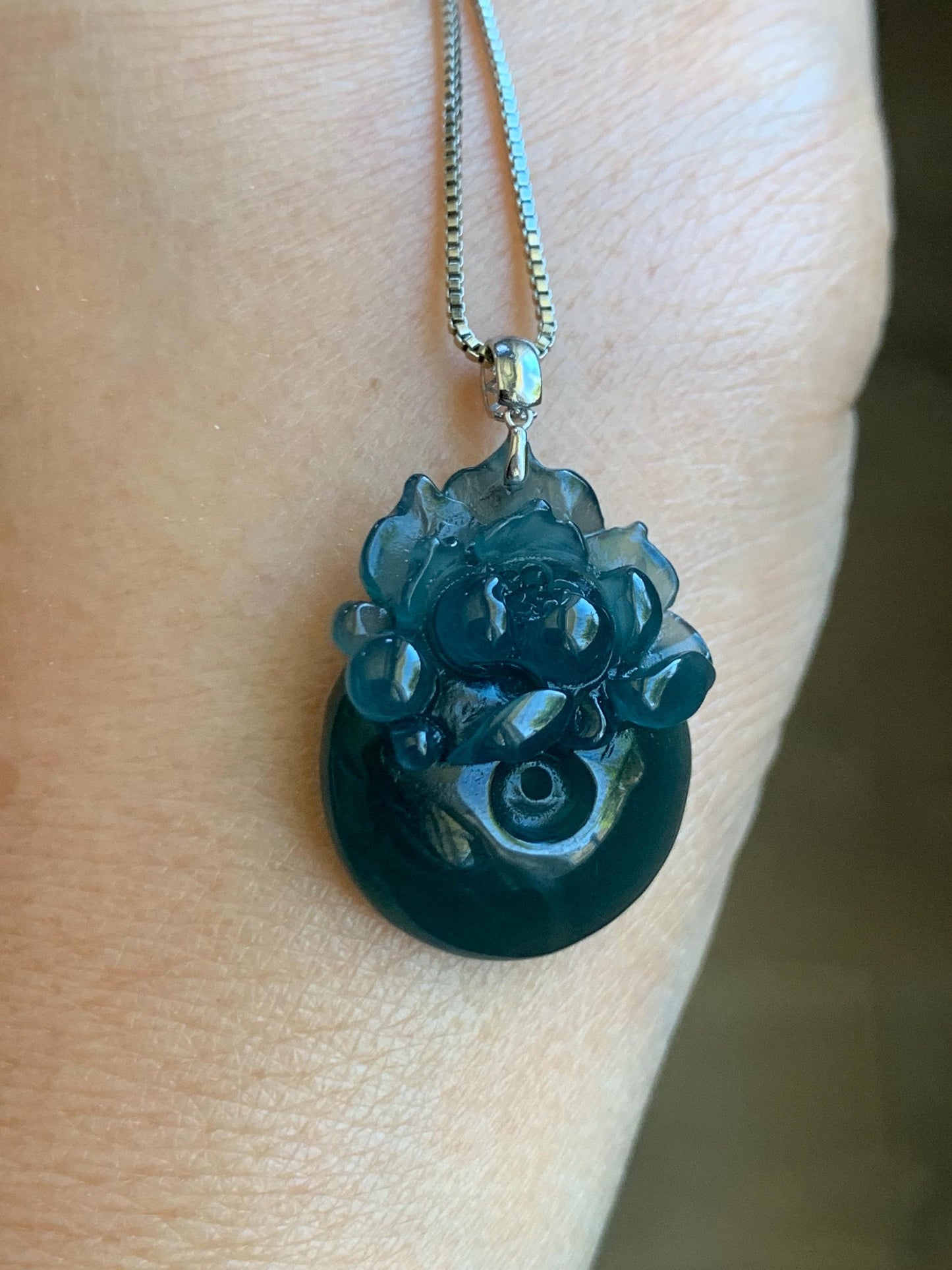 Natural Guatemalan Icy Translucent Deep Aegean Blue Jadeite Lotus Flower Ping An Kou Donut Pendant 18K White Gold 天然冰危深牛仔蓝翡翠莲花平安扣吊坠 NZLW150