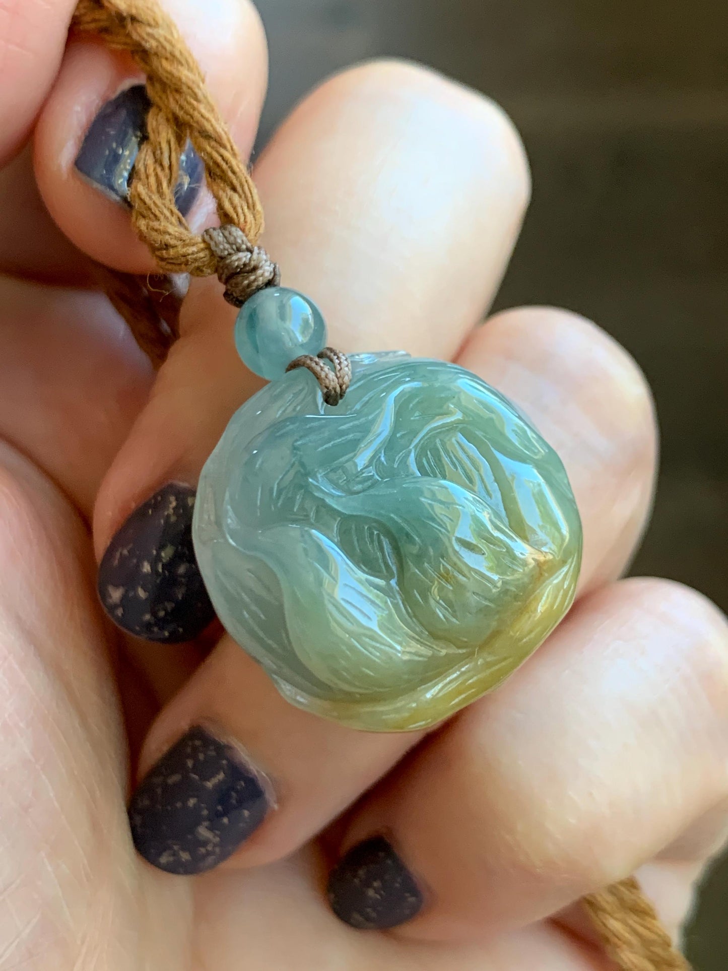 Natural Grade A Icy Translucent Dusty Blue Yellow Bicolored Jadeite Carved Nine-Tailed Fox Pendant Rope Necklace 26” 天然冰蓝加黄翡翠九尾狐梅花吊坠项链 JWWA