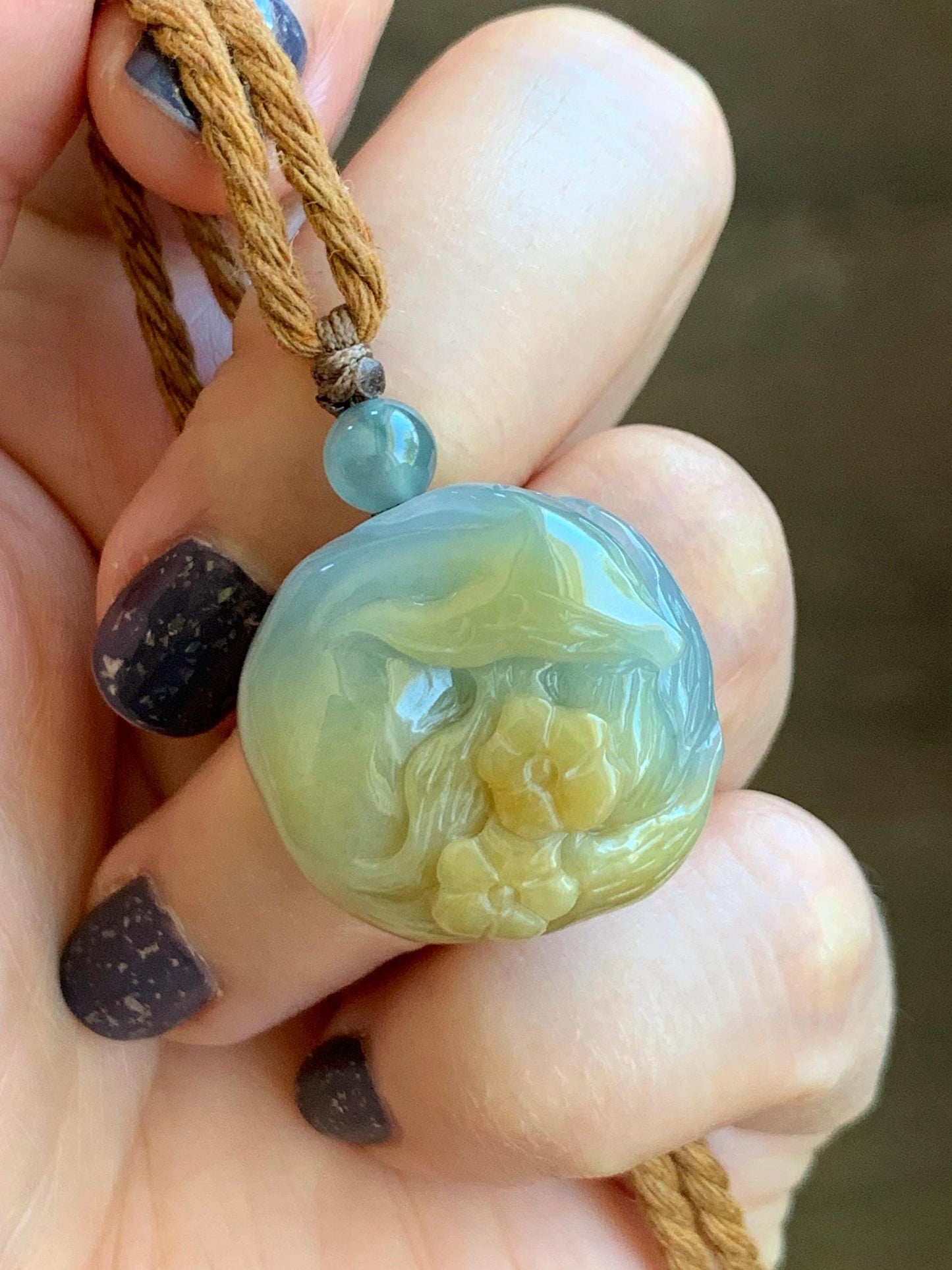 Natural Grade A Icy Translucent Dusty Blue Yellow Bicolored Jadeite Carved Nine-Tailed Fox Pendant Rope Necklace 26” 天然冰蓝加黄翡翠九尾狐梅花吊坠项链 JWWA