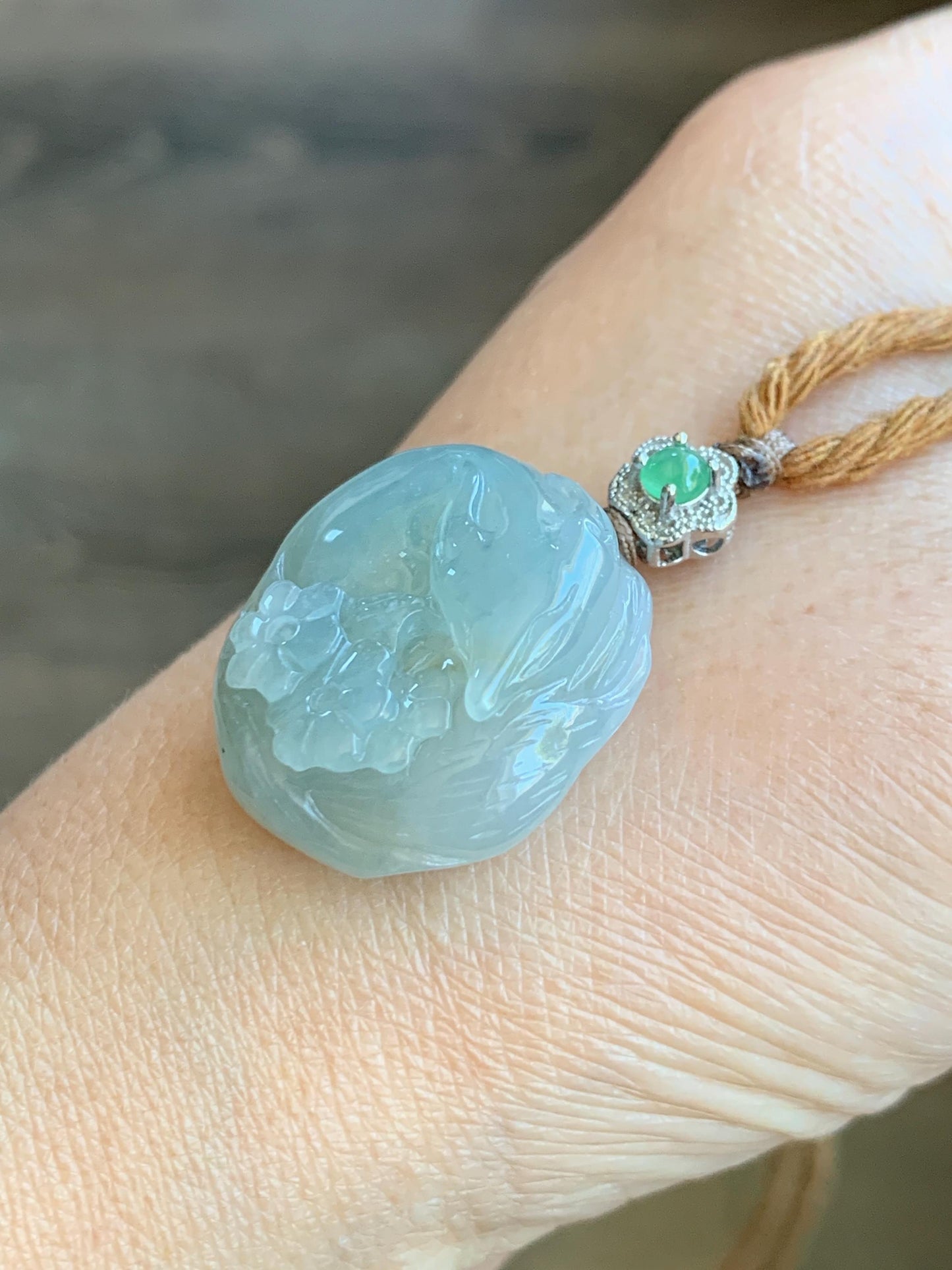 Natural Grade A Icy Translucent Gelatinous Dusty Teal Jade Jadeite Carved Nine-Tailed Fox Pendant Rope Necklace 26" 天然老种冰胶晴蓝翡翠九尾狐梅花吊坠 JWWB