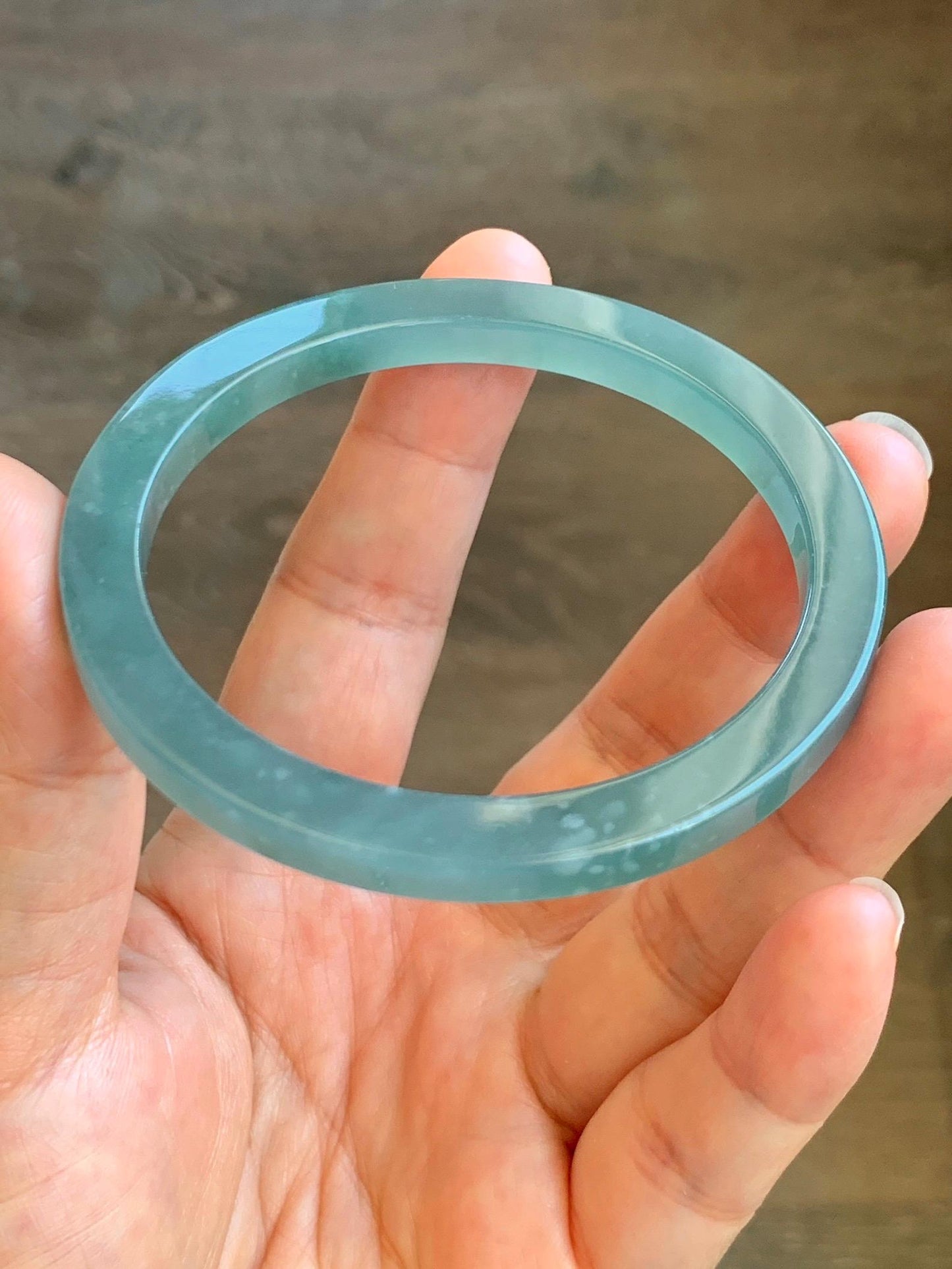 Certified Natural Guatemalan Icy Translucent Gelatinous Teal Blue Jade Jadeite Square Edged Bangle Bracelet 58.4mm 7.22” 天然冰胶危蓝翡翠方镯手镯 8753
