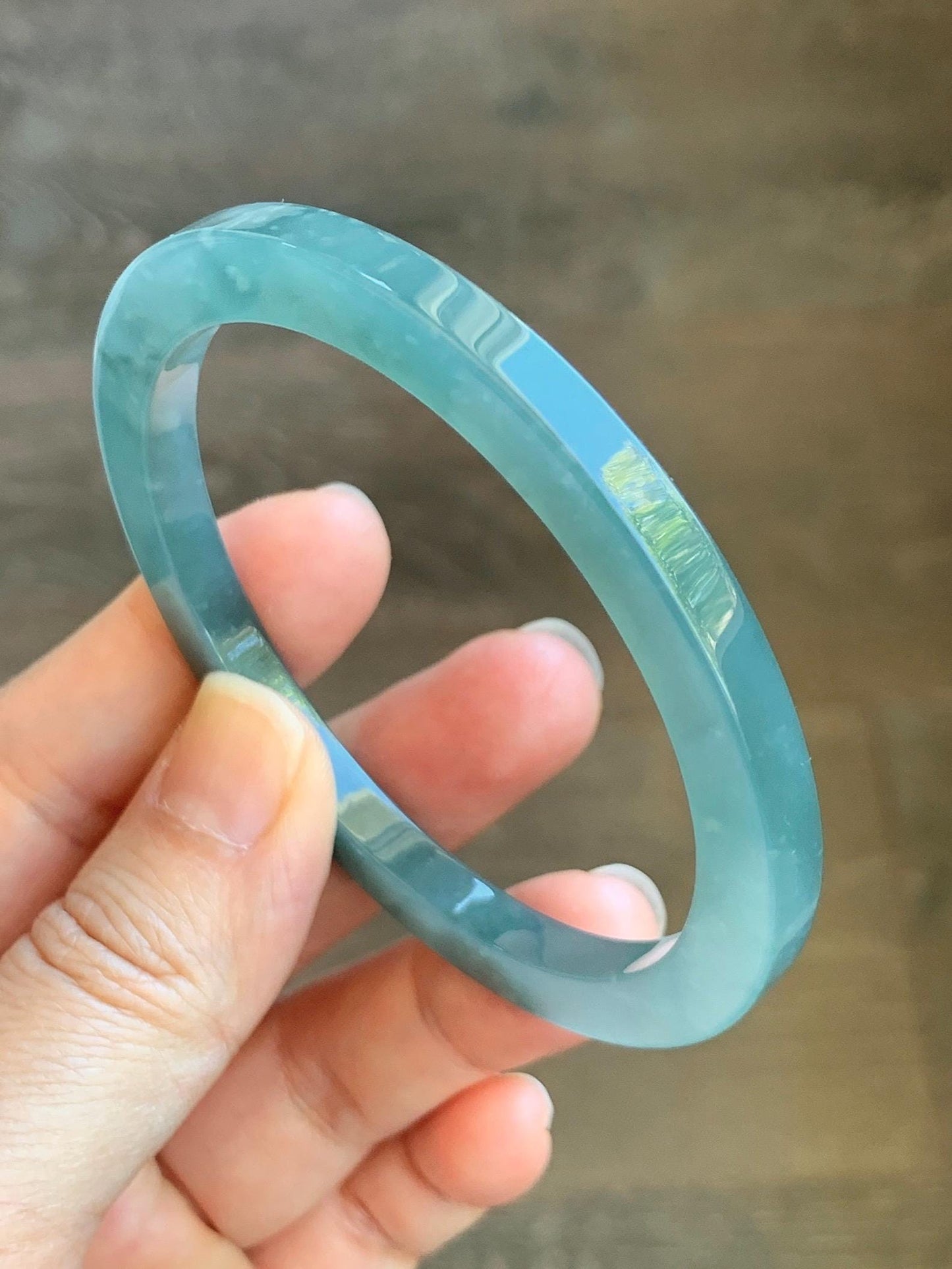 Certified Natural Guatemalan Icy Translucent Gelatinous Teal Blue Jade Jadeite Square Edged Bangle Bracelet 58.4mm 7.22” 天然冰胶危蓝翡翠方镯手镯 8753