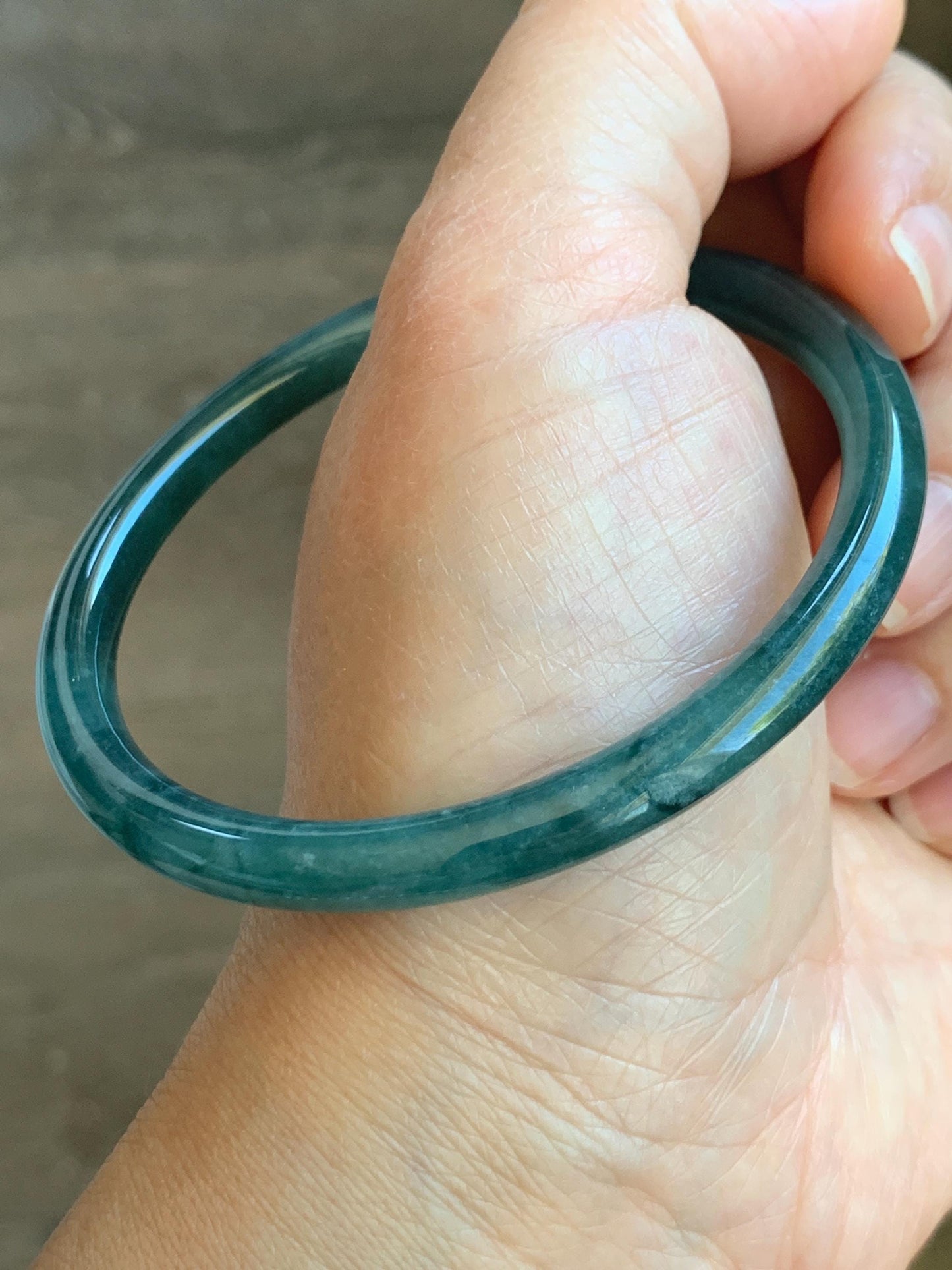 Certified Natural Grade A Guatemalan Icy Highly Translucent Dark Teal Blue Jade Jadeite Slim Bangle 59.6mm 7.37” 21g 天然冰胶危深蓝翡翠细圆条手镯 8760