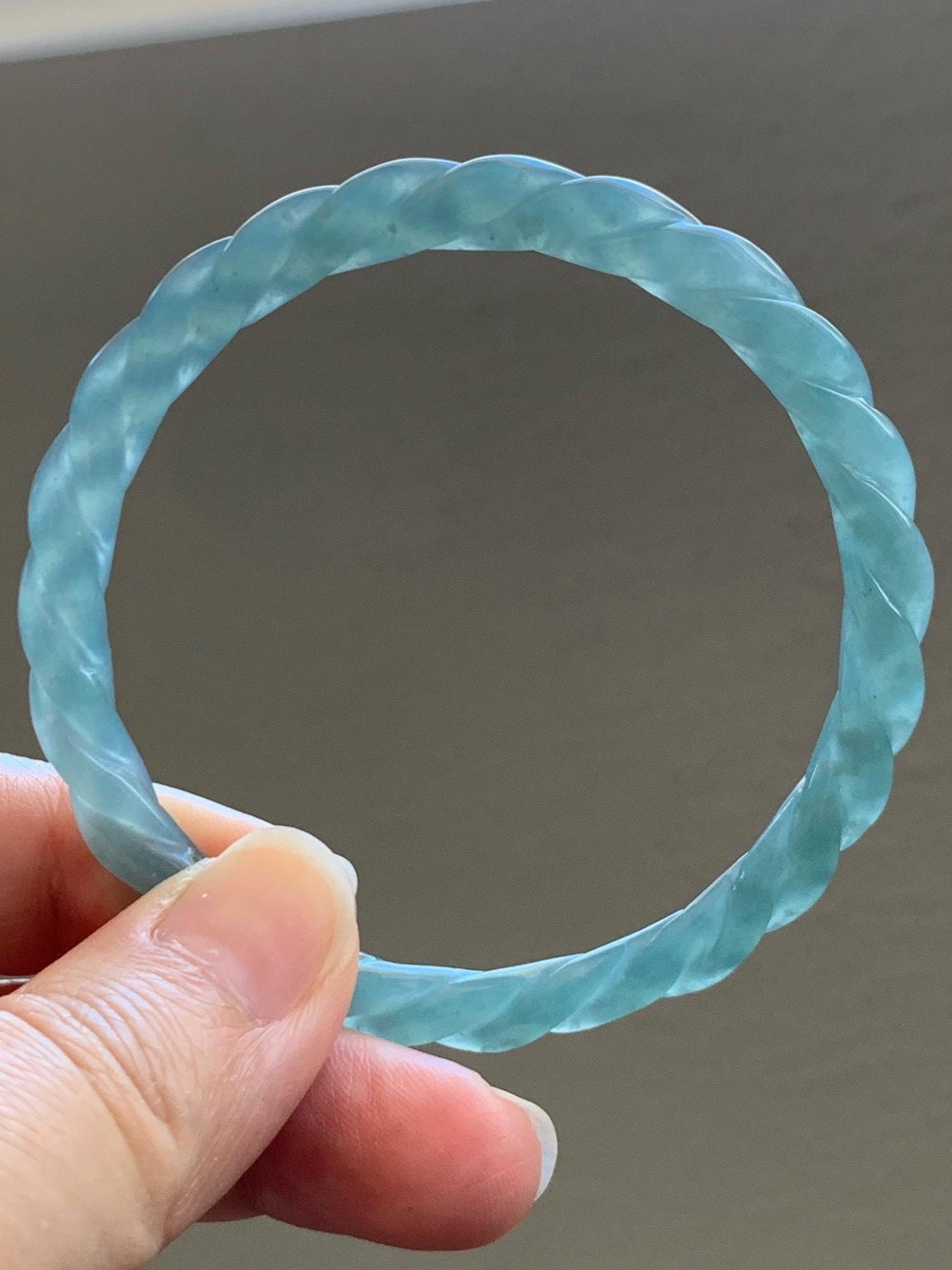 Certified Natural Grade A Guatemalan Icy Translucent Gelatinous Light Teal Jade Jadeite Carved Braid Bangle 57.2mm 7” 天然冰胶危浅晴蓝翡翠细麻花手镯 8793