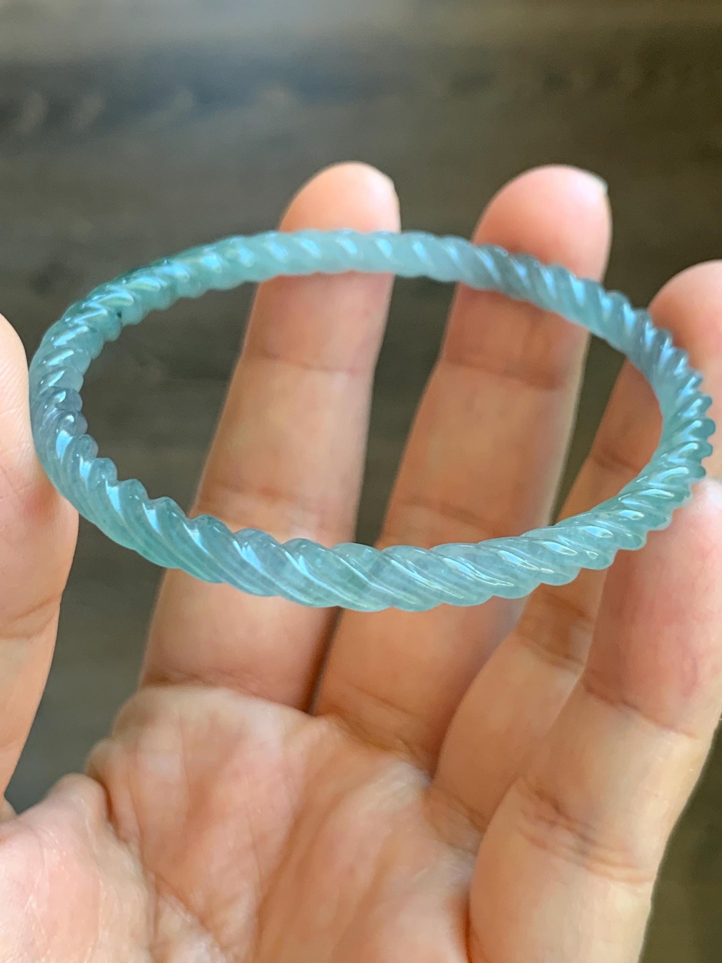 Certified Natural Grade A Guatemalan Icy Translucent Gelatinous Light Blue Jade Jadeite Carved Braid Bangle 55.5mm 6.86” 天然冰胶危浅蓝翡翠细麻花手镯 8759