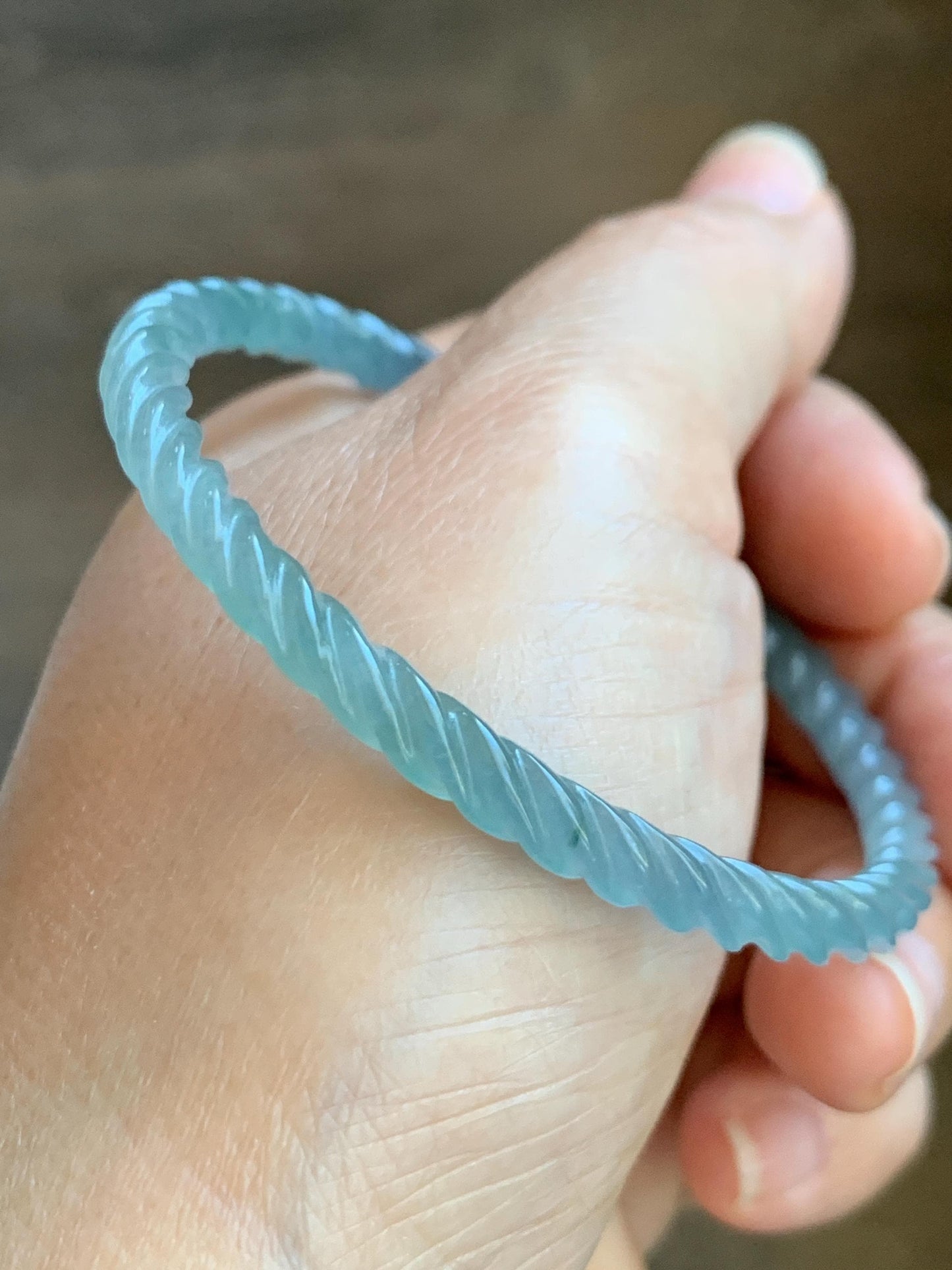 Certified Natural Grade A Guatemalan Icy Translucent Gelatinous Light Blue Jade Jadeite Carved Braid Bangle 55.5mm 6.86” 天然冰胶危浅蓝翡翠细麻花手镯 8759