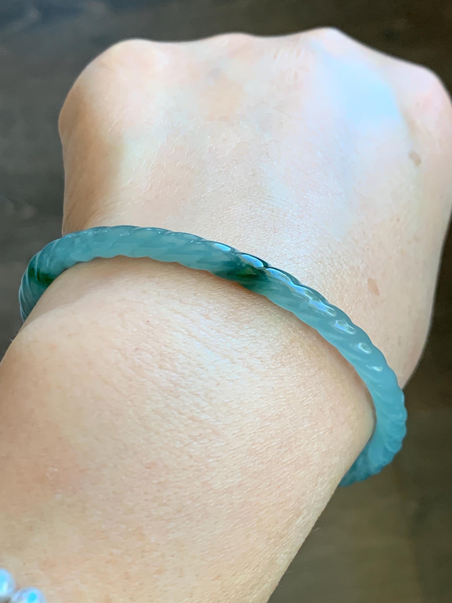 Certified Natural Grade A Guatemalan Icy Translucent Gelatinous Light Blue Jade Jadeite Carved Braid Bangle 61.1mm 7.56” 天然冰胶危浅蓝翡翠细麻花手镯 8756