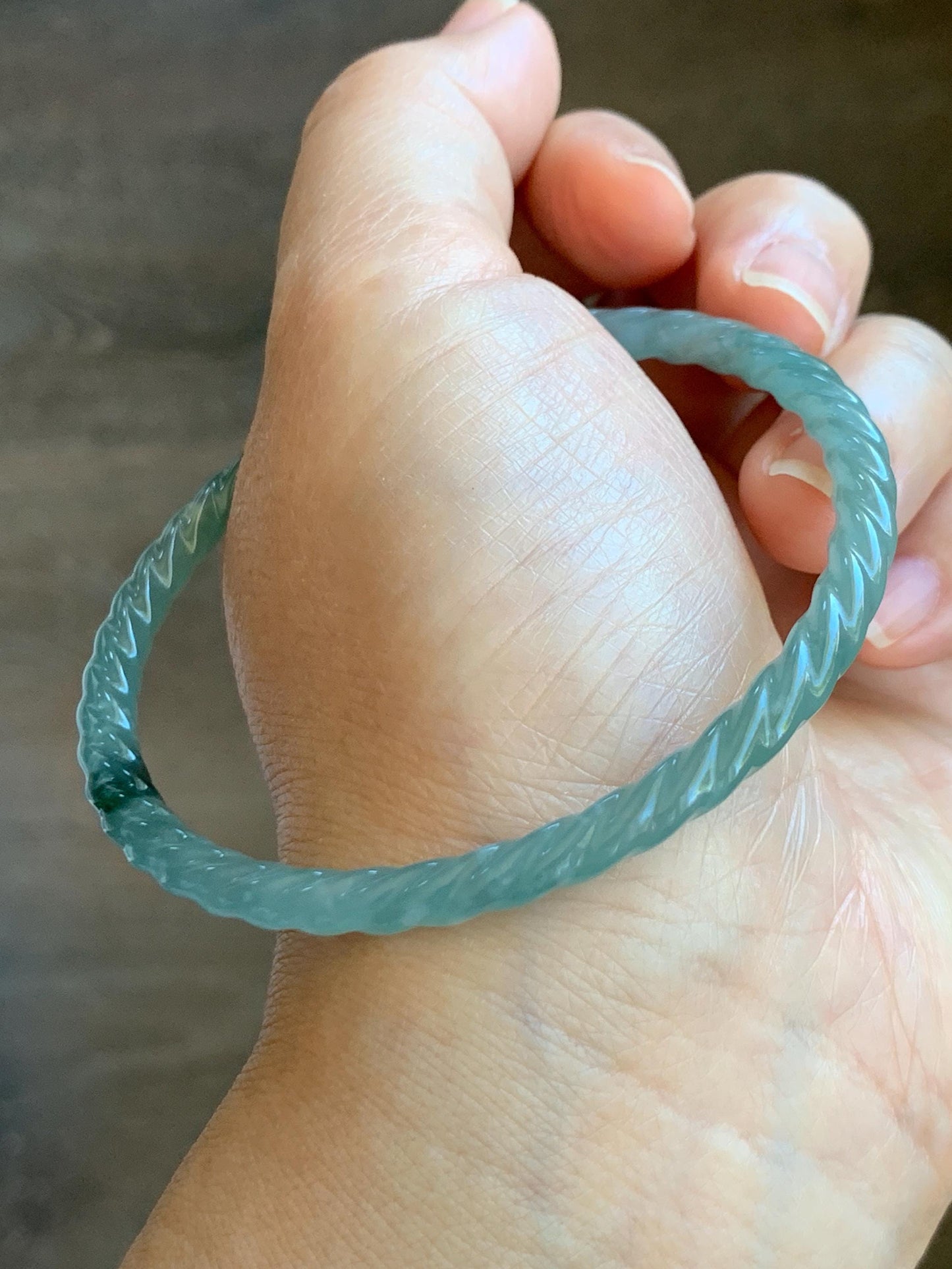 Certified Natural Grade A Guatemalan Icy Translucent Gelatinous Light Blue Jade Jadeite Carved Braid Bangle 61.1mm 7.56” 天然冰胶危浅蓝翡翠细麻花手镯 8756