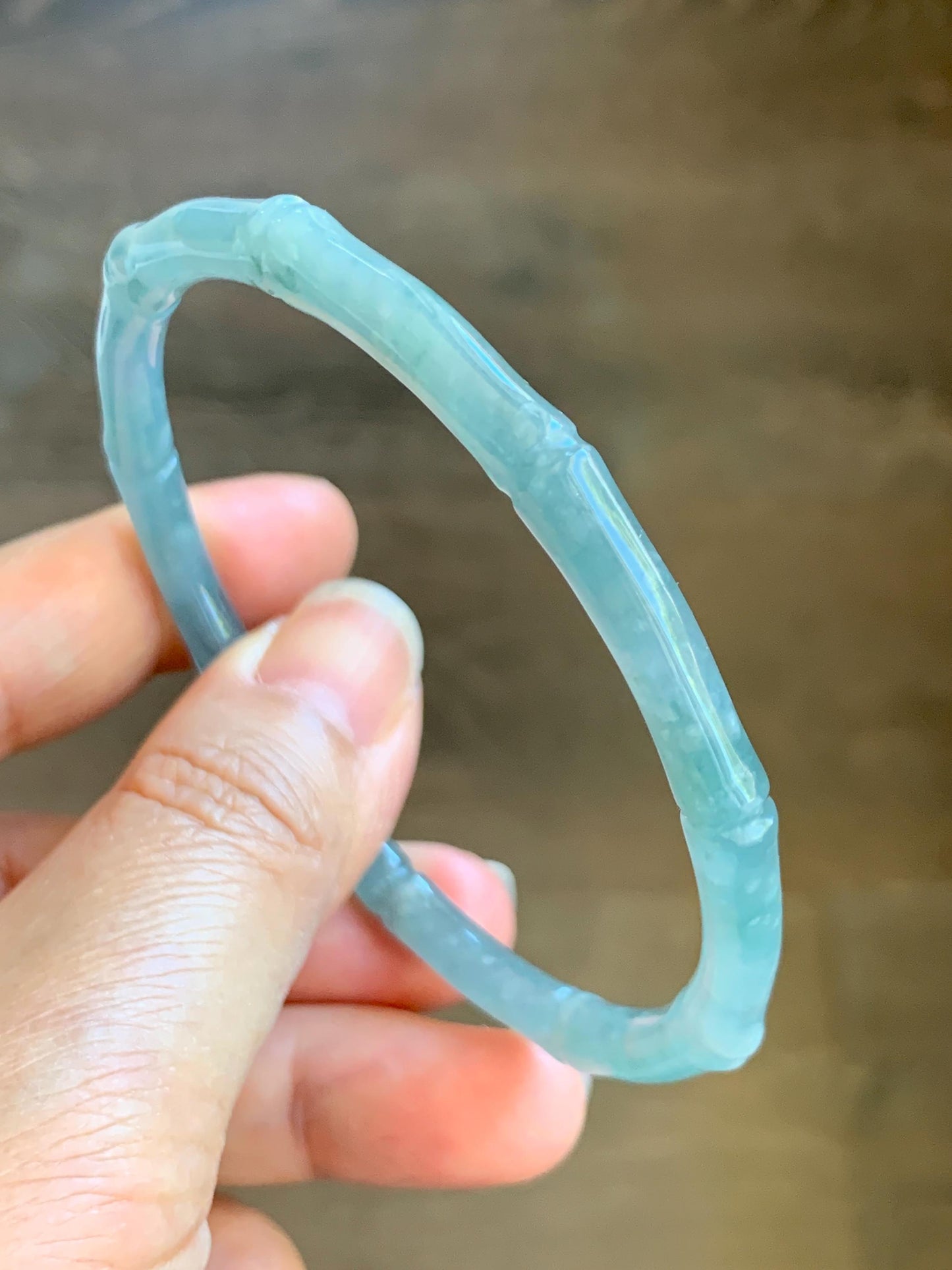 Certified Natural Guatemalan Icy Translucent Gelatinous Pastel Blue Jade Jadeite Carved Bamboo Bangle 62.7mm 7.75” 16.7g 天然冰危淡篮翡翠竹节细手镯 8804