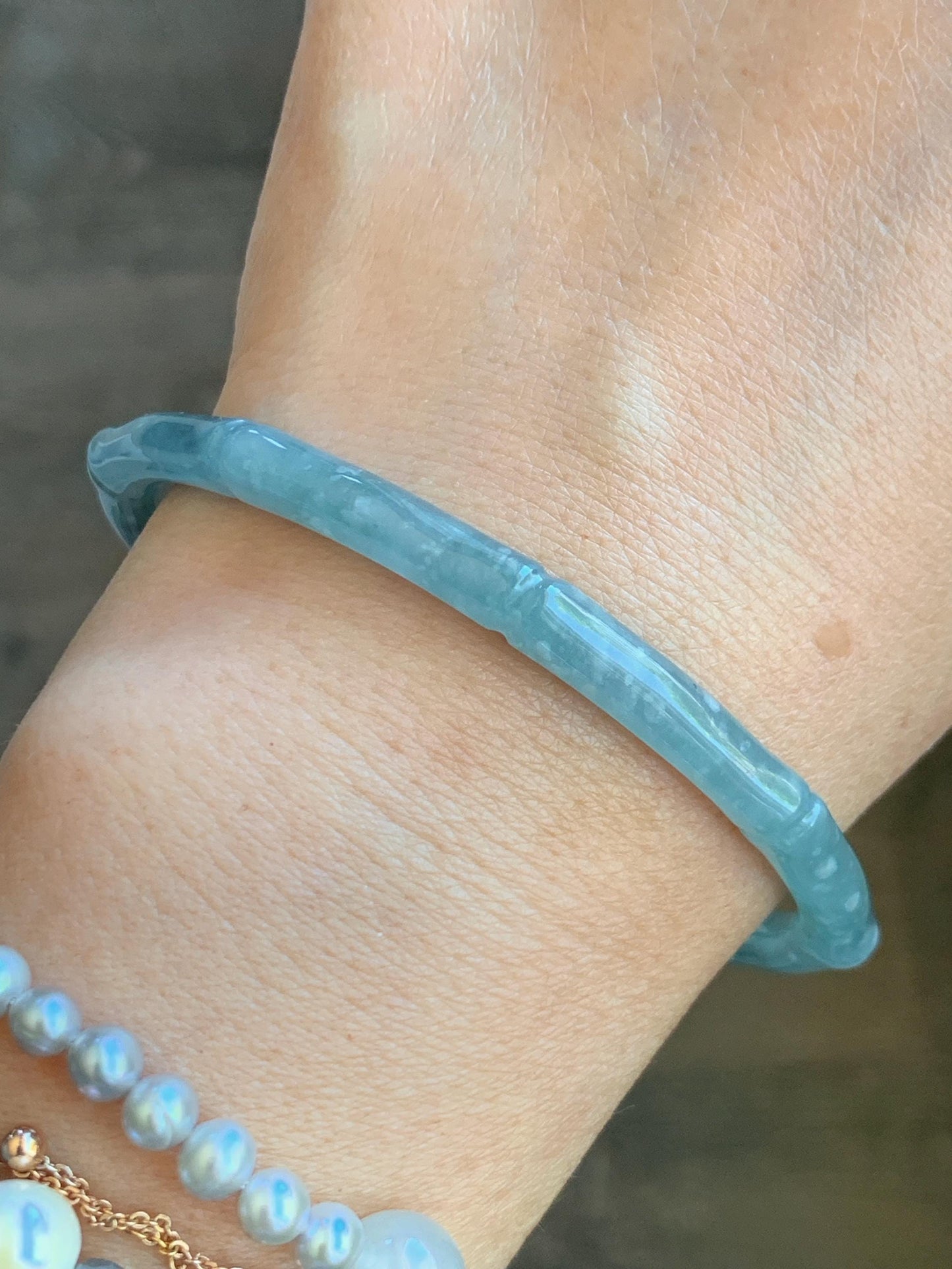 Certified Natural Guatemalan Icy Translucent Gelatinous Pastel Blue Jade Jadeite Carved Bamboo Bangle 62.7mm 7.75” 16.7g 天然冰危淡篮翡翠竹节细手镯 8804