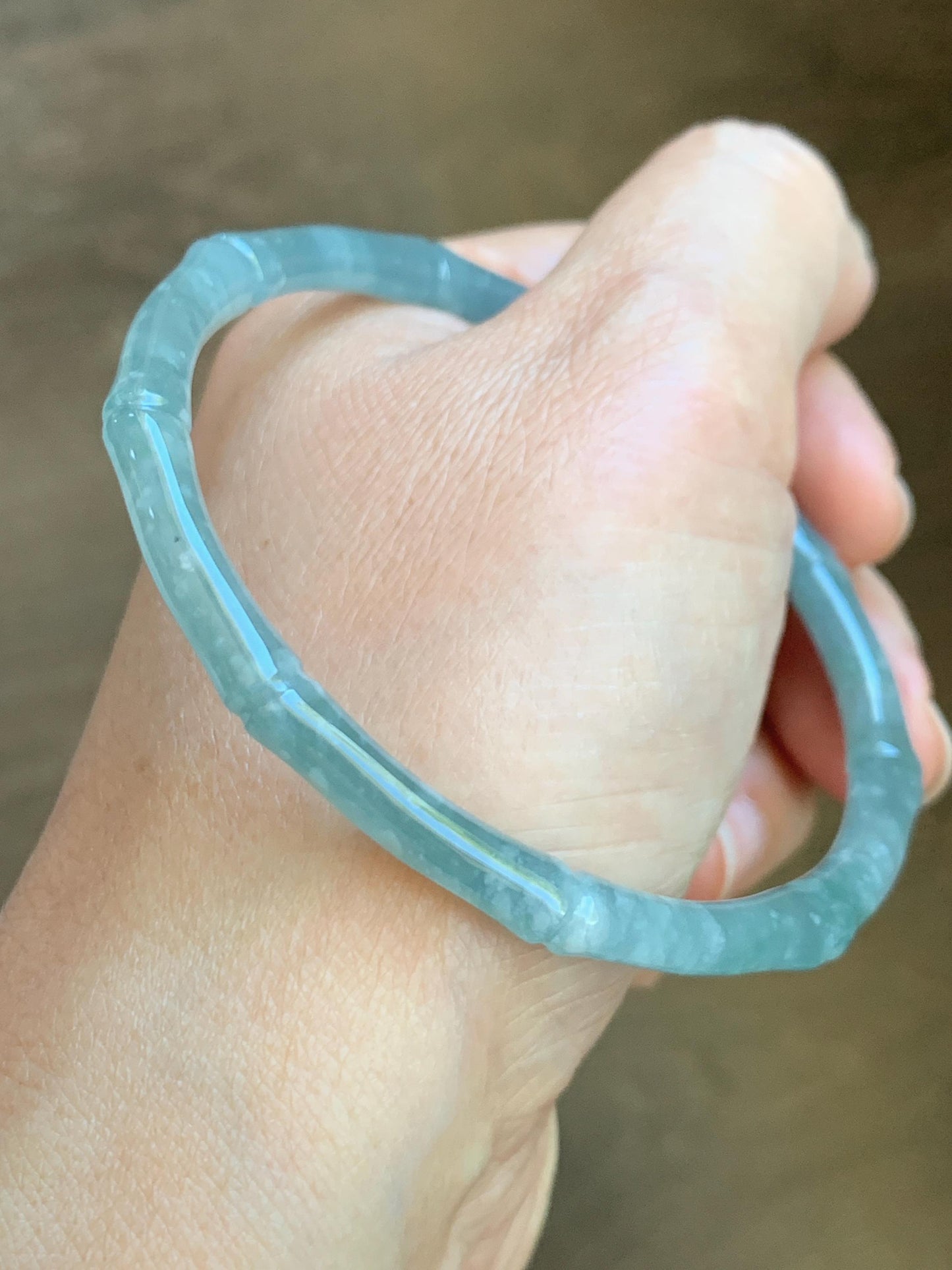 Certified Natural Guatemalan Icy Translucent Gelatinous Pastel Blue Jade Jadeite Carved Bamboo Bangle 62.7mm 7.75” 16.7g 天然冰危淡篮翡翠竹节细手镯 8804